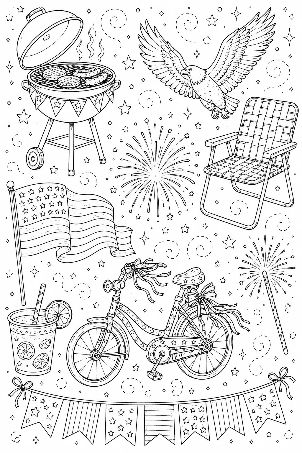 Printable Patriotic Celebration bbq grill and waving american flag doodle coloring page sheet