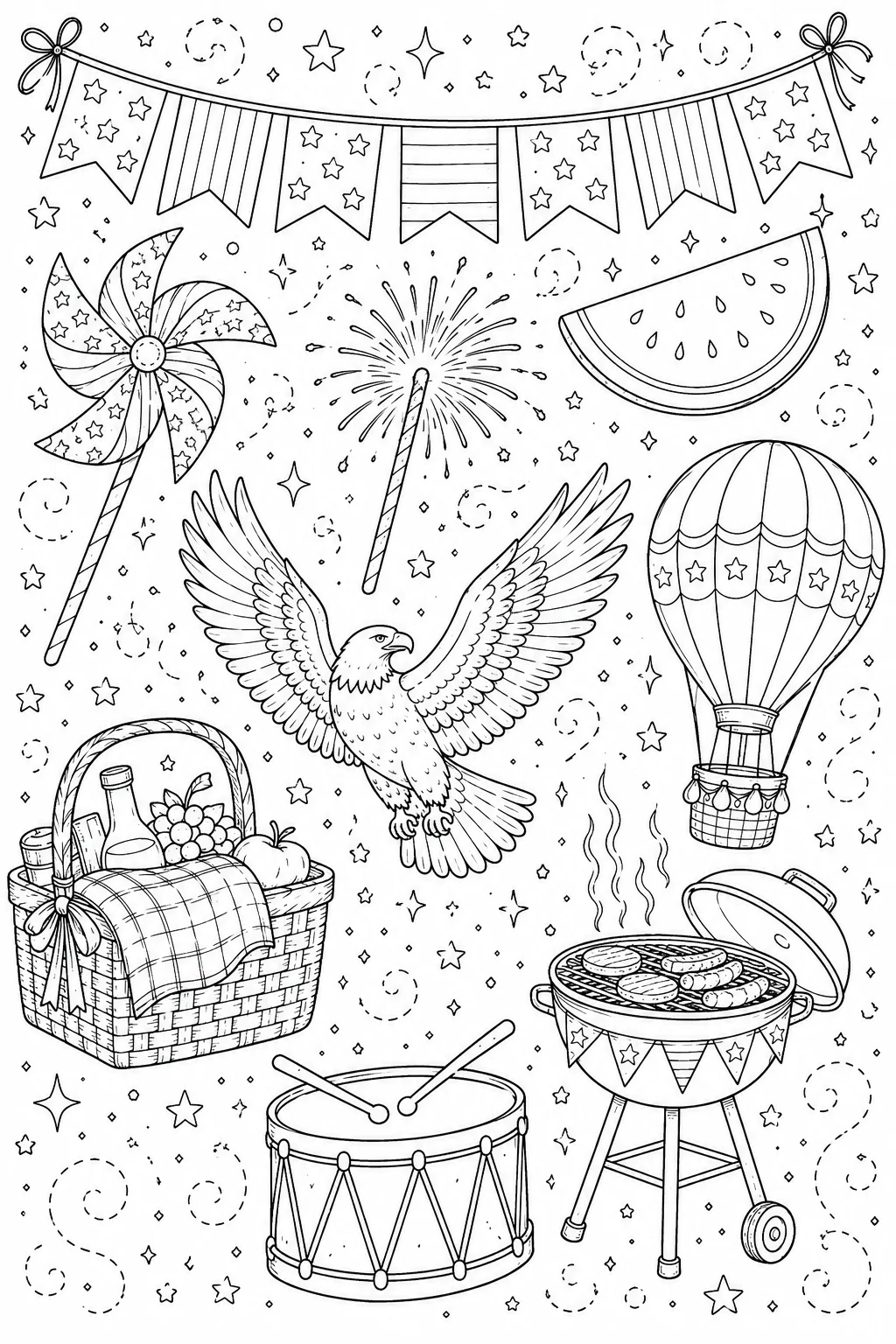 Printable Patriotic Celebration summer picnic and nighttime fireworks doodle coloring page sheet