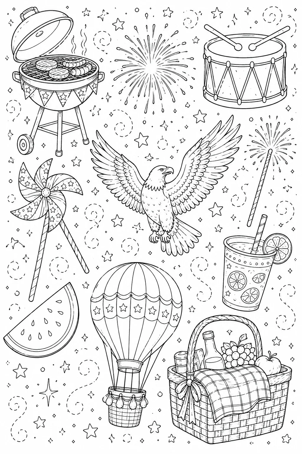 Printable Patriotic Celebration hot air balloon and backyard bbq doodle coloring page sheet
