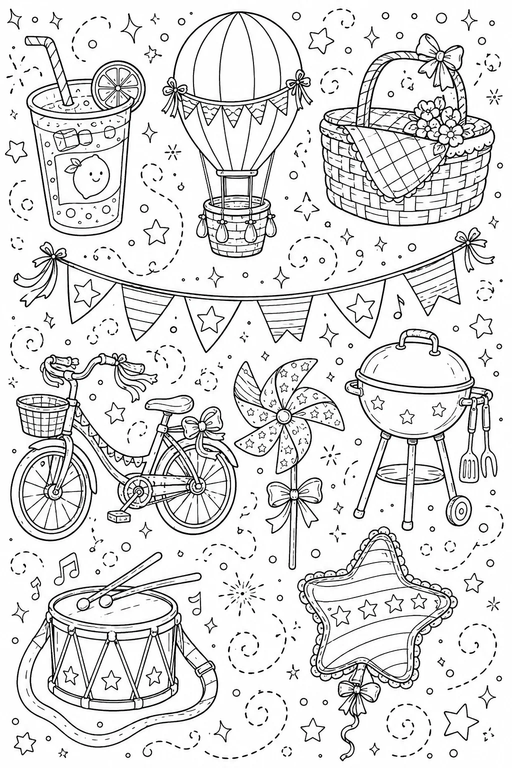 Printable Patriotic Celebration ribbon-decorated bicycle and picnic feast doodle coloring page sheet