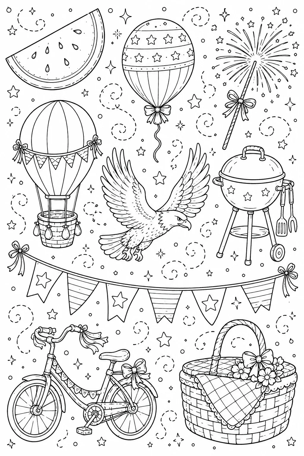 Printable Patriotic Celebration party pinwheel and fireworks finale doodle coloring page sheet
