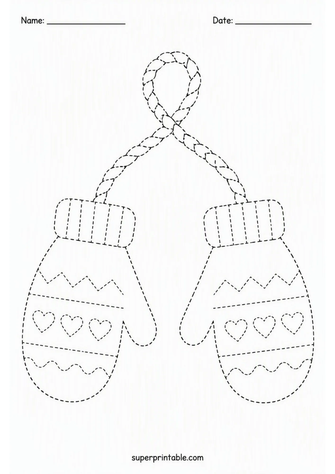 Printable clothing activity worksheets displaying patterned winter mittens connected by string.