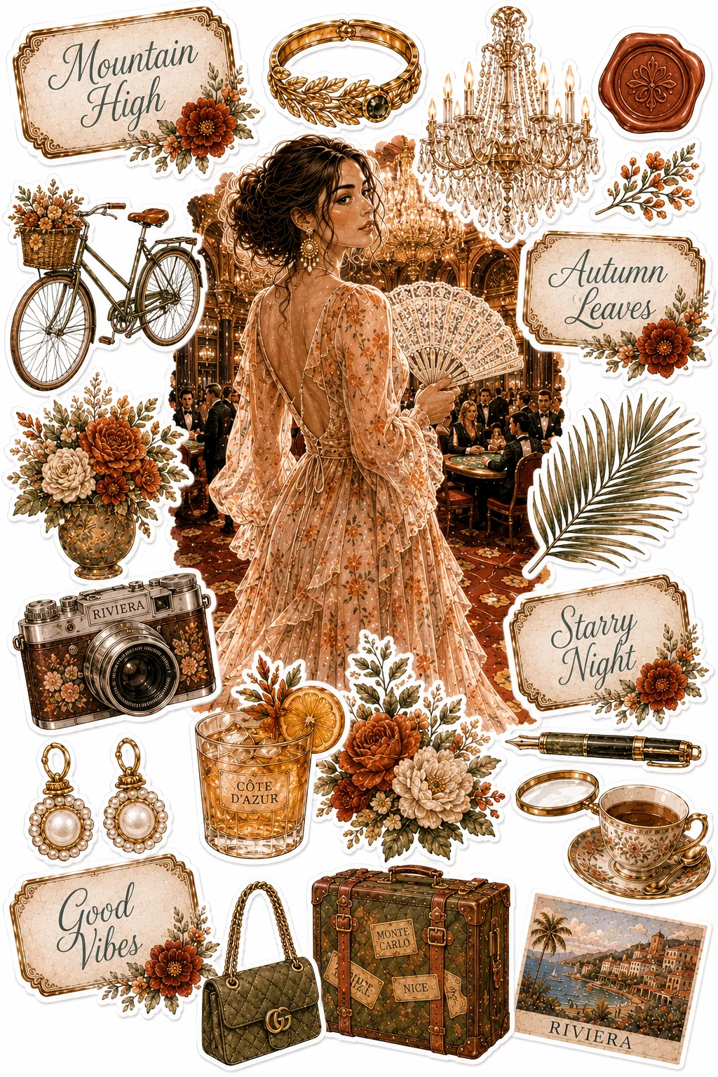 Woman holding a lace fan in an ornate ballroom surrounded by cocktail glass and chandelier stickers.