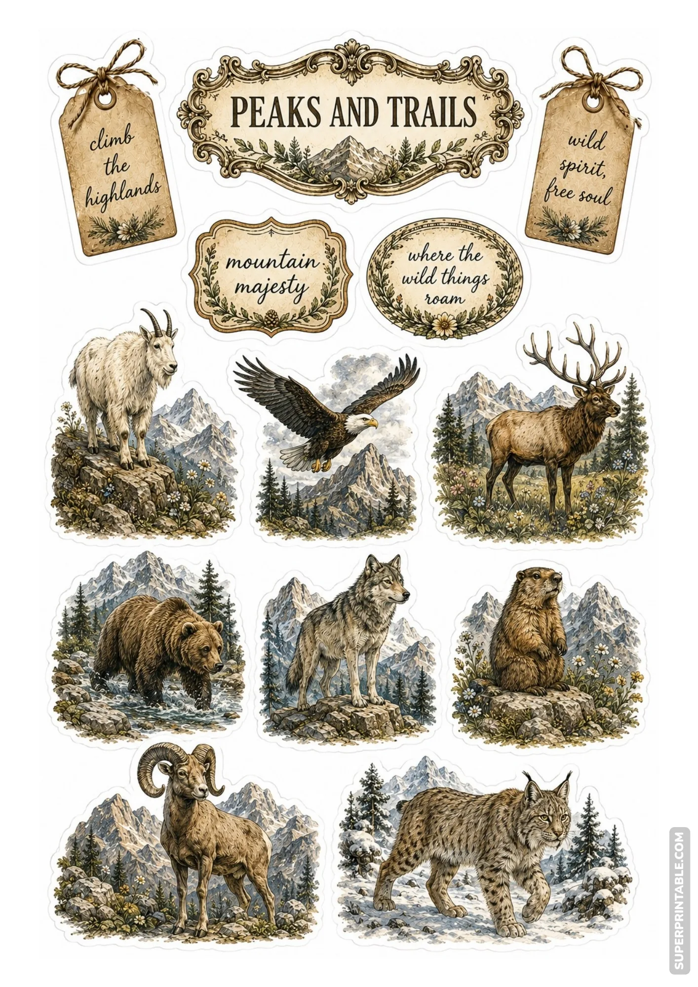 Highland mountain animal sticker sheet with vintage eagles, grizzly bears, wolves, and elk.