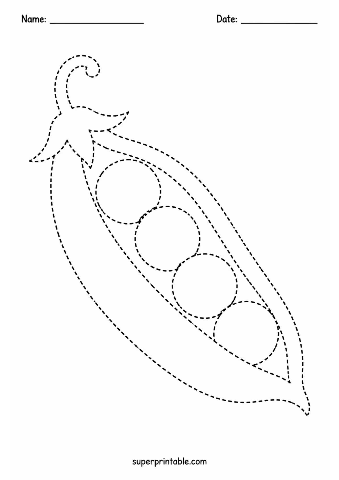 Open pea pod showing four round peas inside drawn in dashed lines.