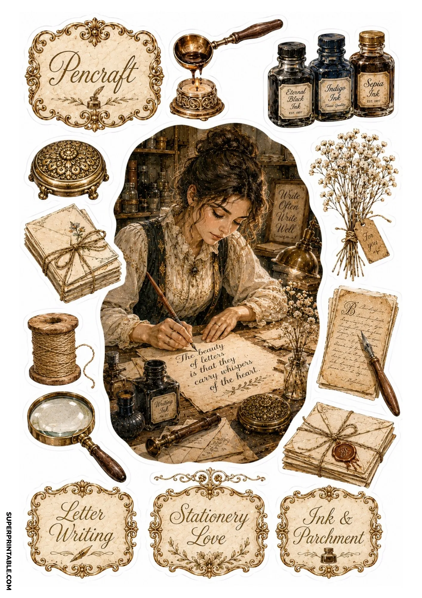 Woman writing calligraphy letters on parchment surrounded by ink bottles, wax seals, and tied envelopes.