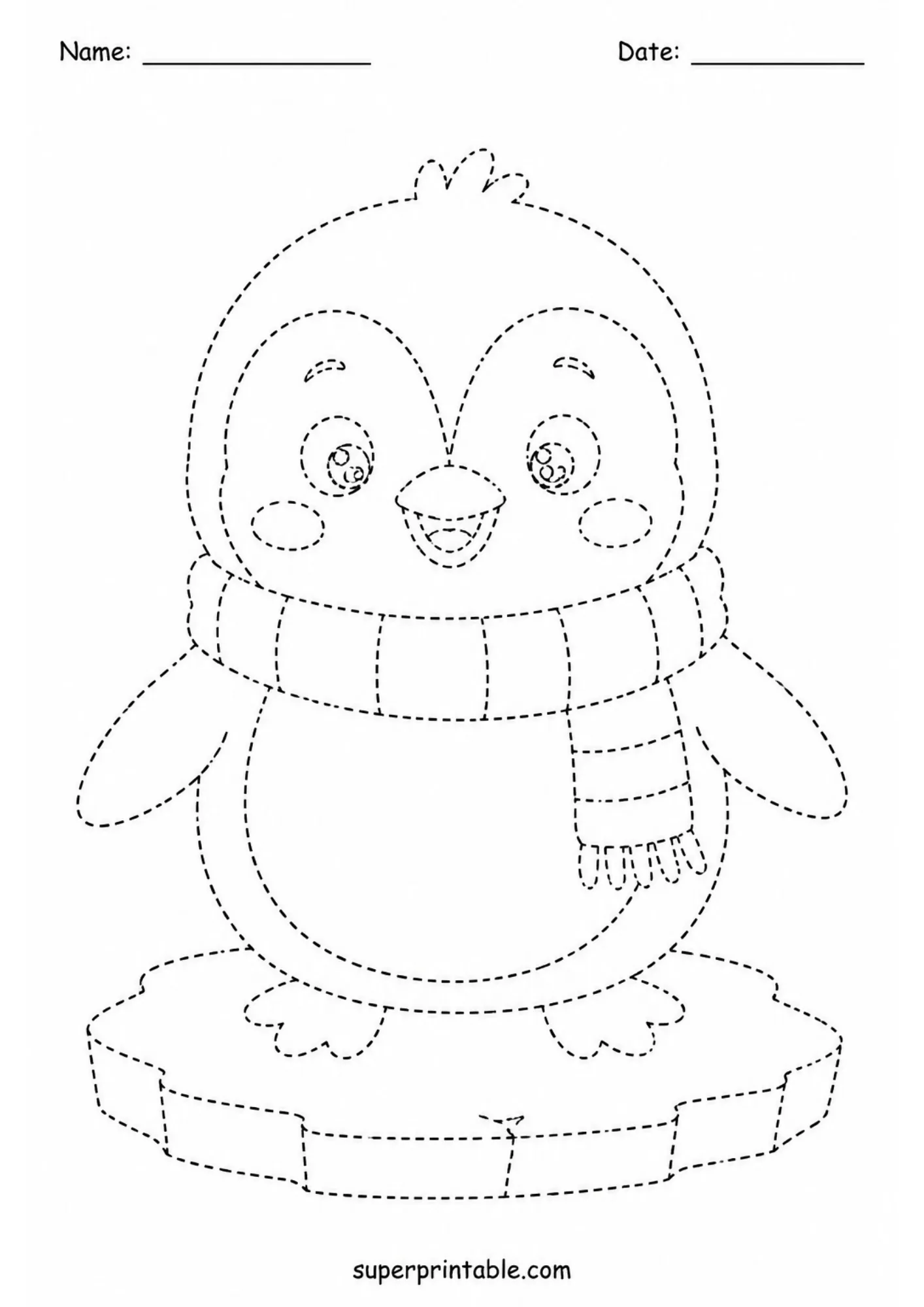 Cute penguin tracing worksheet with a striped scarf and small floating ice platform