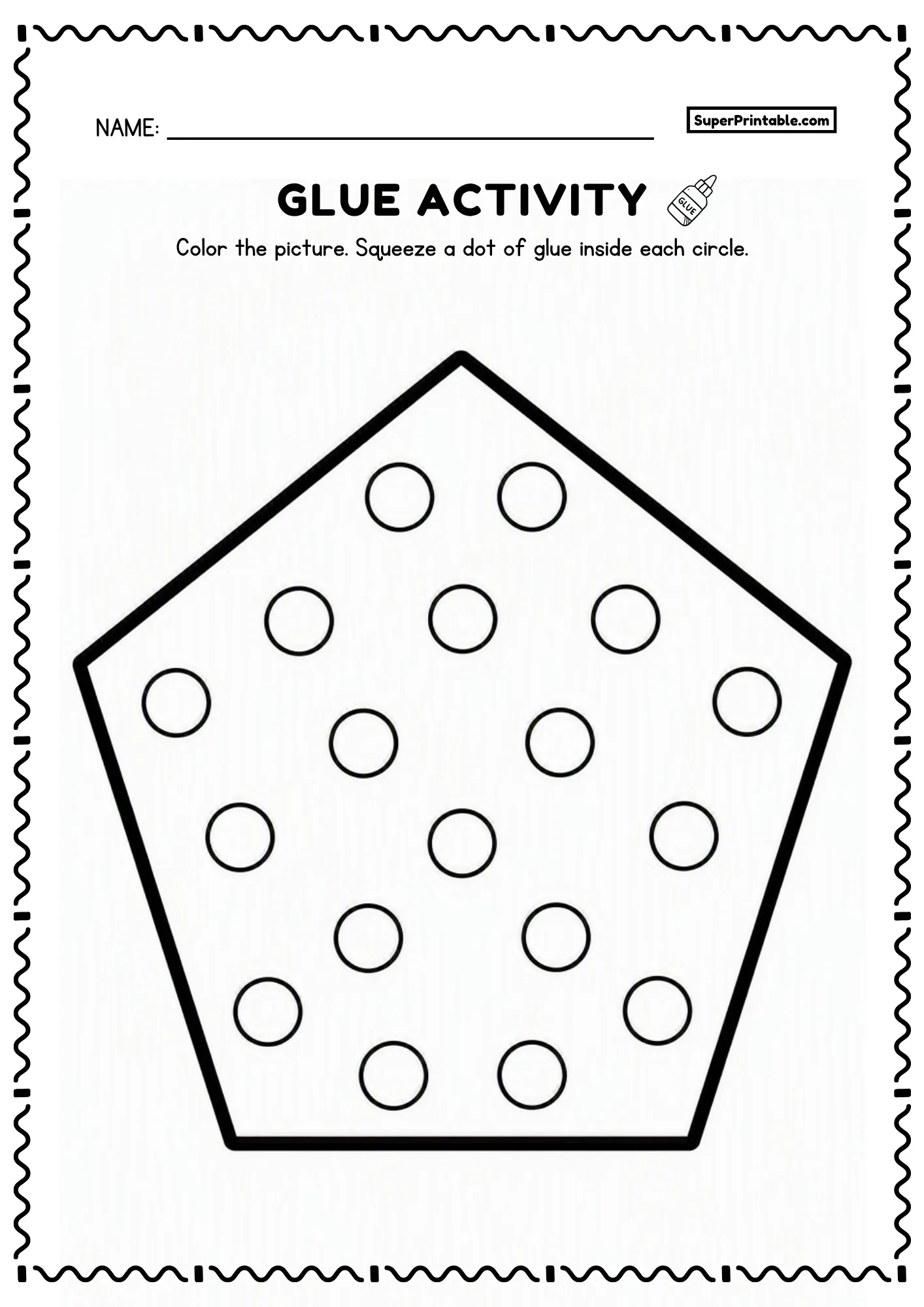 Pentagon dot glue shapes worksheet with circles for preschool fine motor practice