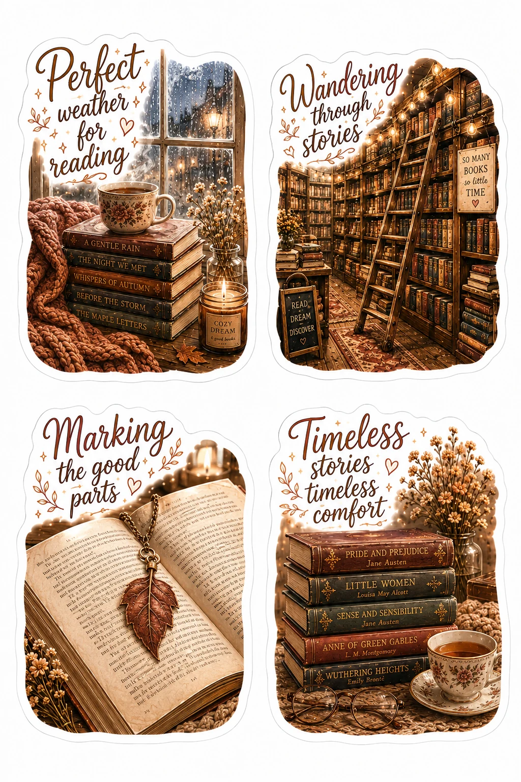 Perfect Weather Reading Timeless Comfort Sheet featuring cozy reading nooks, vintage library books, armchair reading, and bookshop aesthetics.