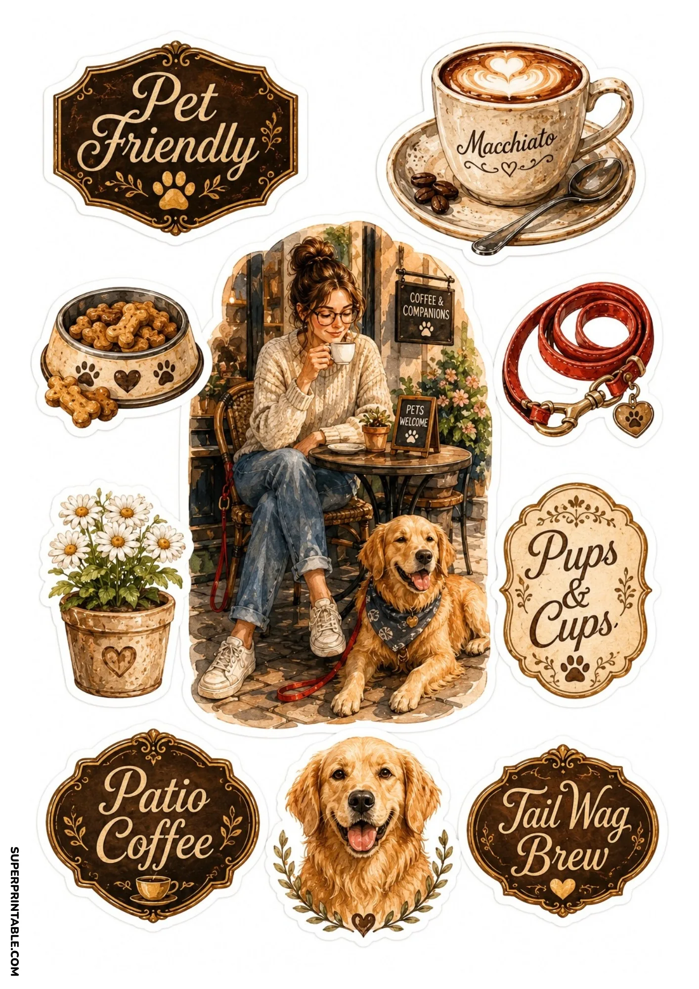 Pet friendly cafe stickers featuring a woman with golden retriever, dog biscuits, and coffee cup.