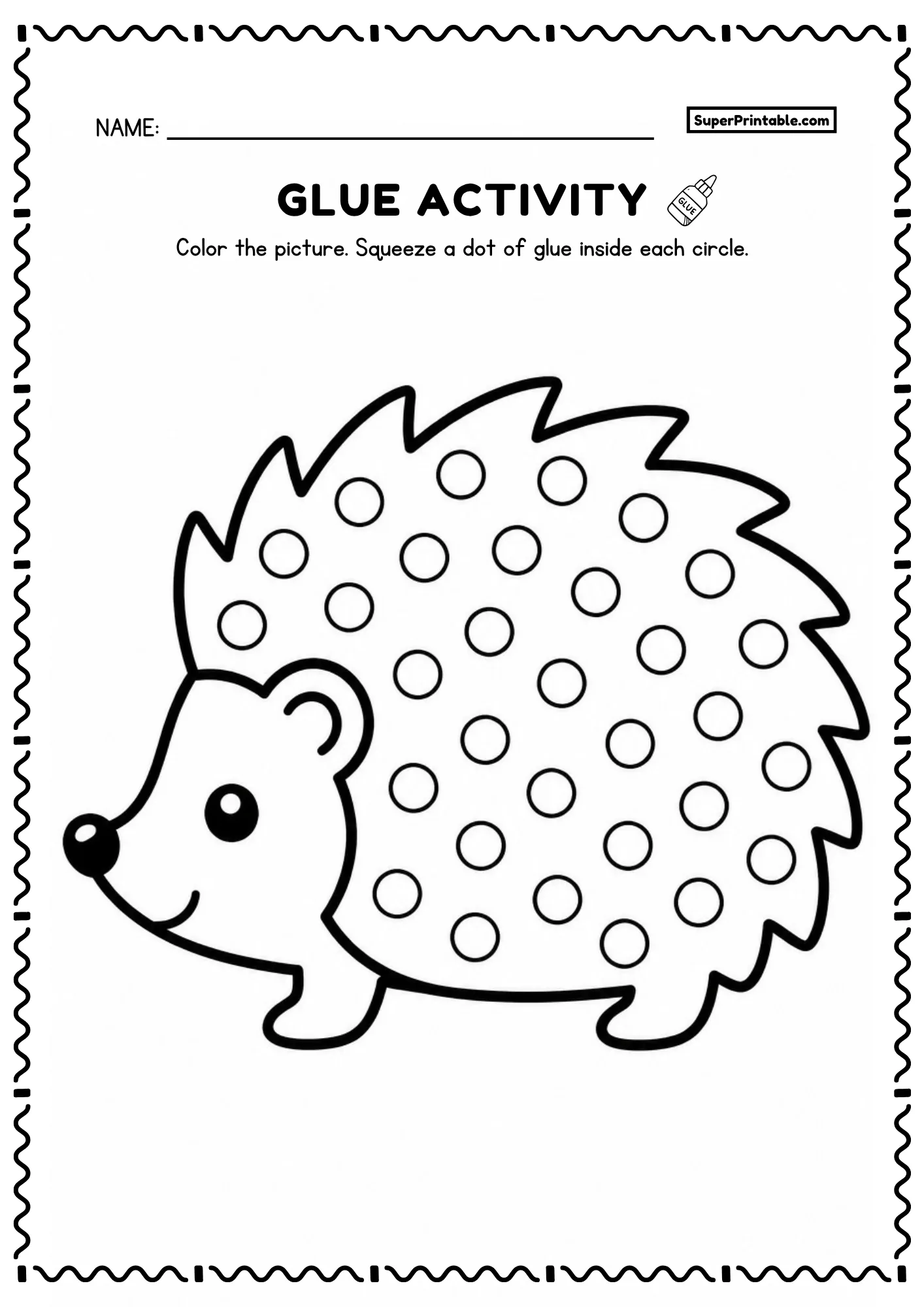Pet hedgehog with spiky quills printable glue worksheet with dot circles for preschoolers