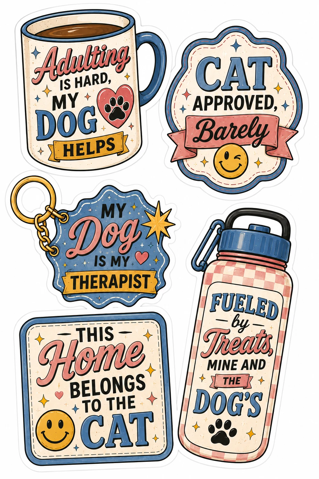 Pet Parent Life Mugs Keychain Variant 1 Sheet featuring funny cat & dog parent life, pet owner humor, daily pet life quotes, and accessories.