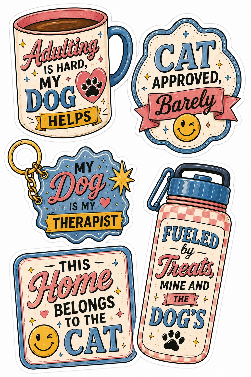 Pet Parent Life Mugs Keychain Variant 2 Sheet featuring funny cat & dog parent life, pet owner humor, daily pet life quotes, and accessories.