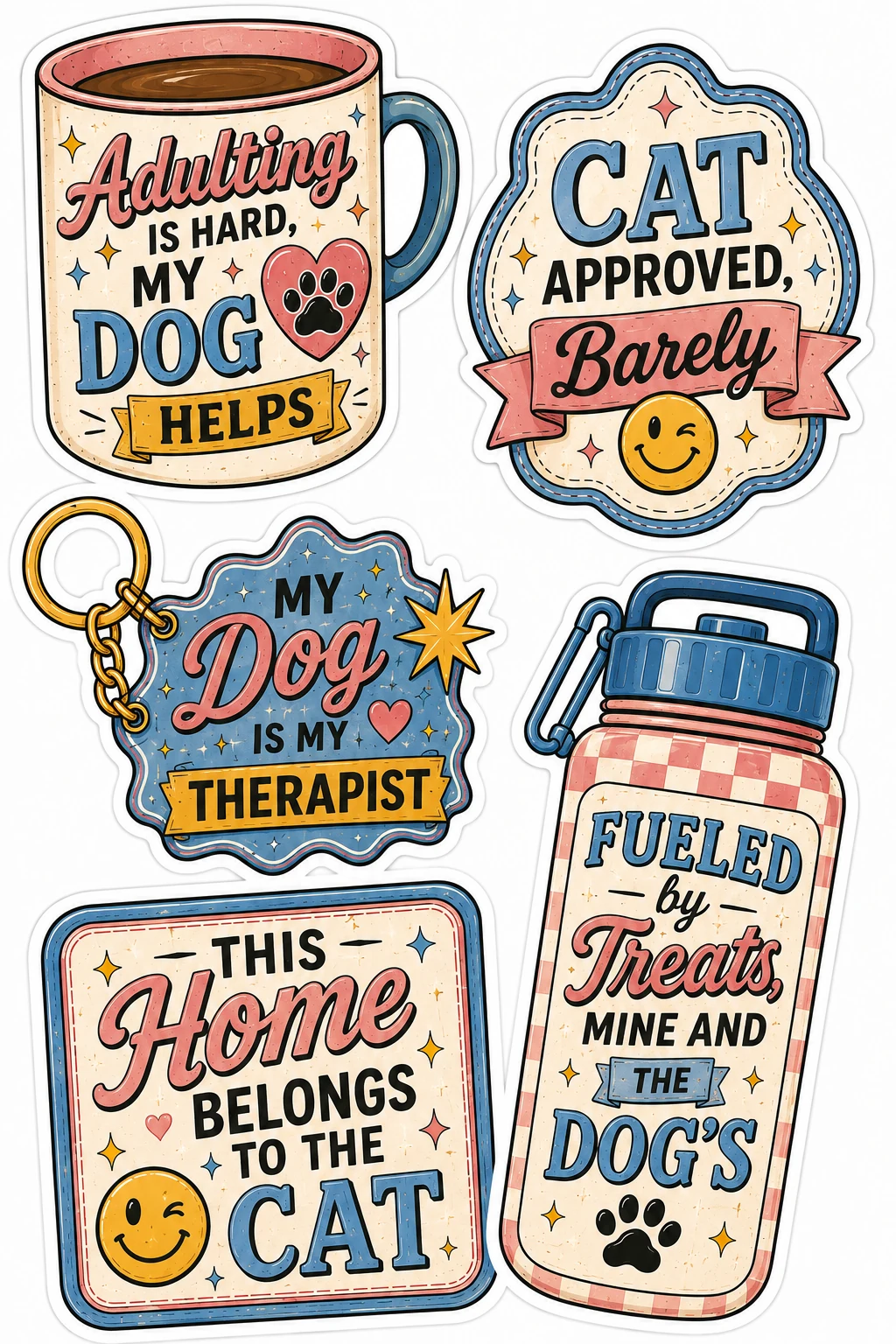 Pet Parent Life Mugs Keychain Variant 3 Sheet featuring funny cat & dog parent life, pet owner humor, daily pet life quotes, and accessories.