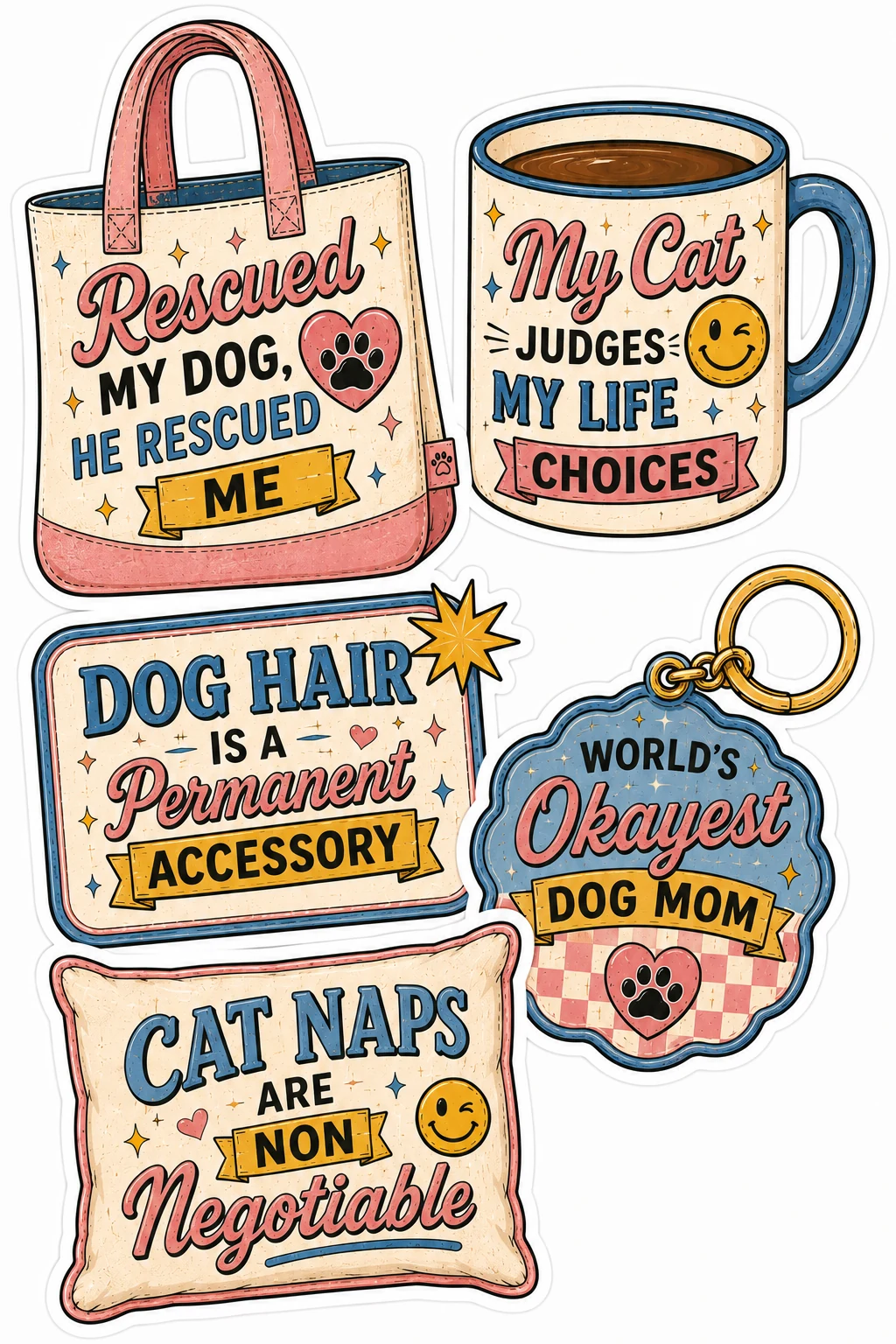 Pet Parent Life Mugs Keychain Variant 4 Sheet featuring funny cat & dog parent life, pet owner humor, daily pet life quotes, and accessories.