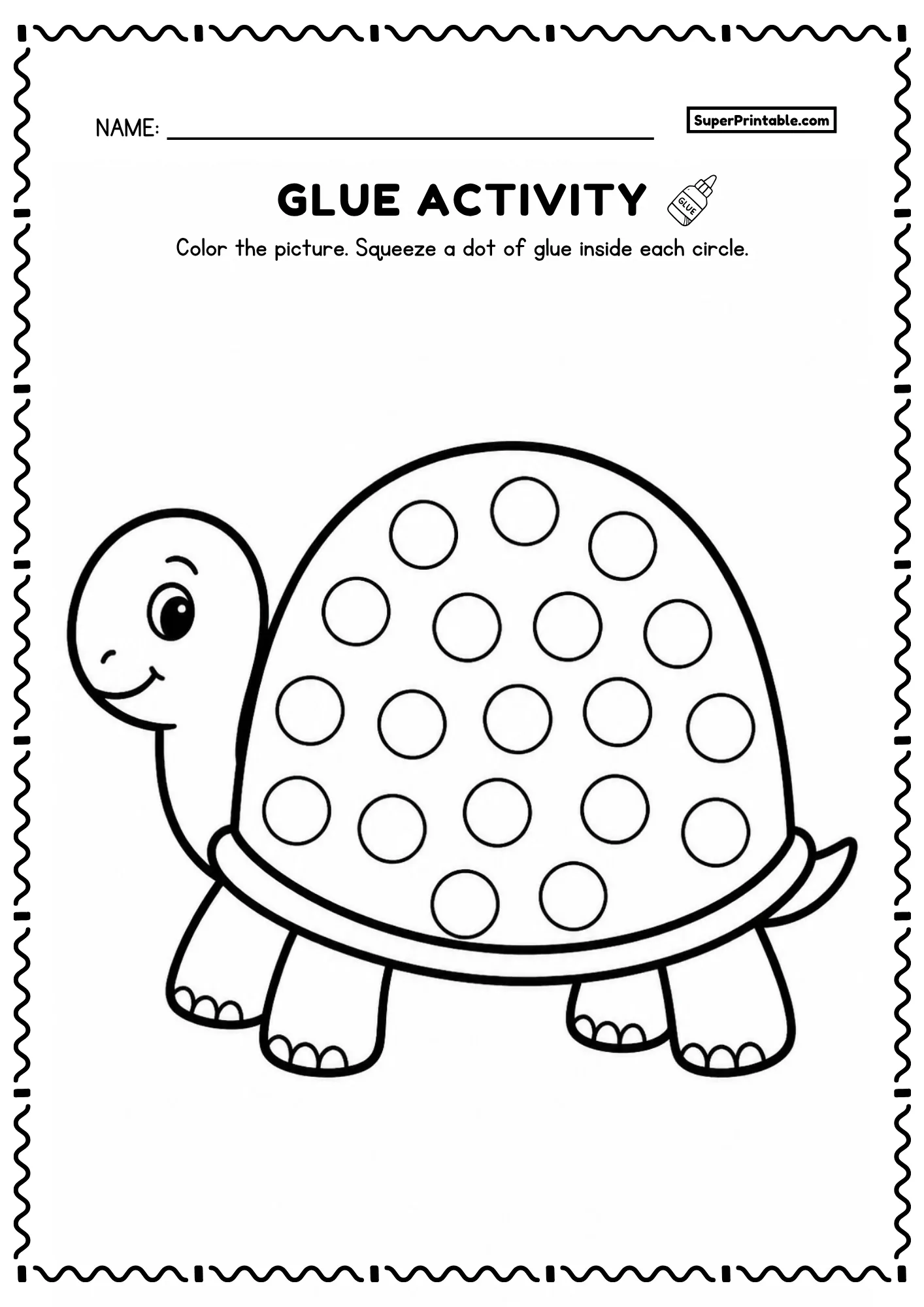 Pet turtle with dome shell printable glue worksheet with dot circles for preschoolers
