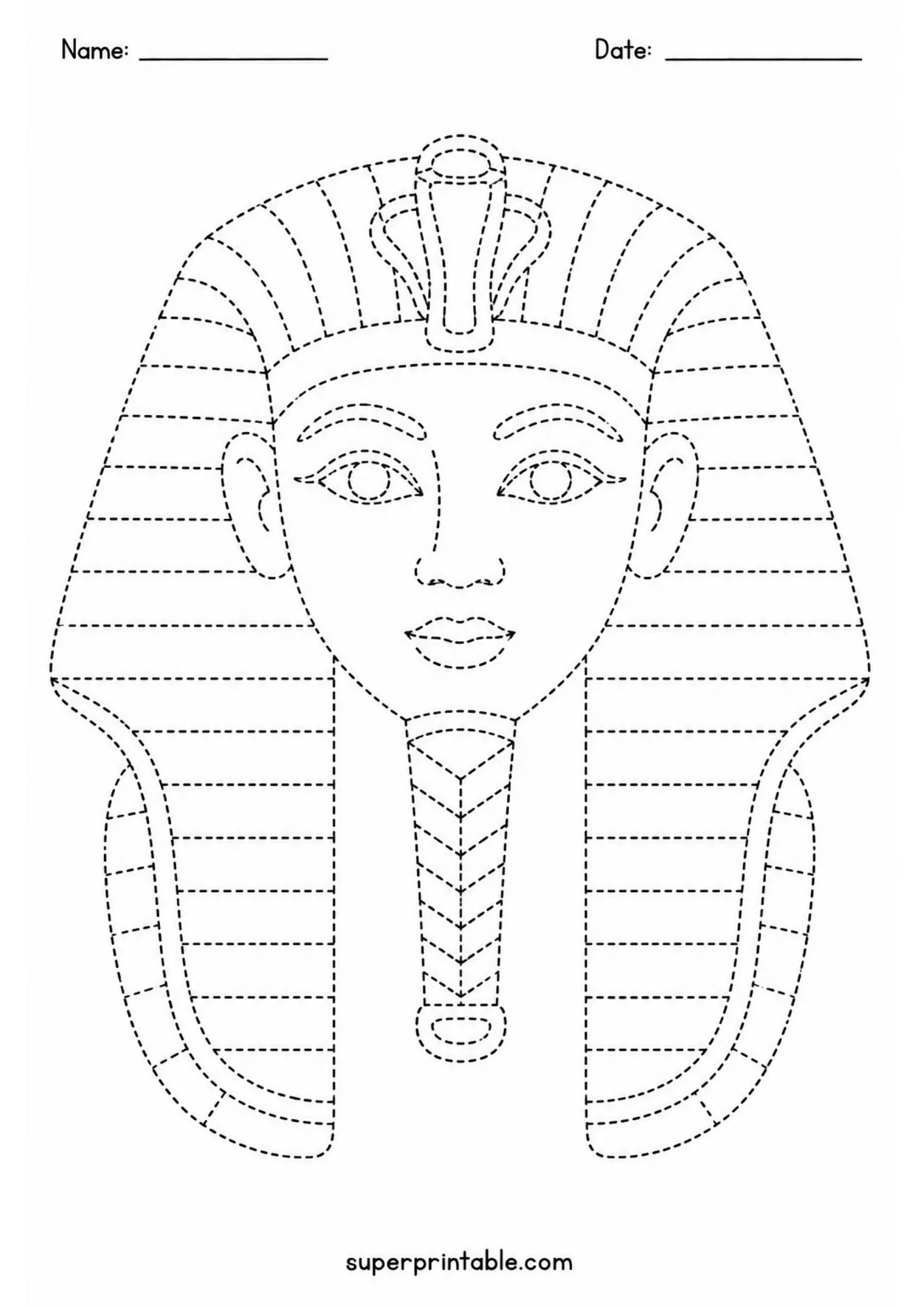 Tracing activity page featuring an intricate Egyptian pharaoh burial mask for coloring.
