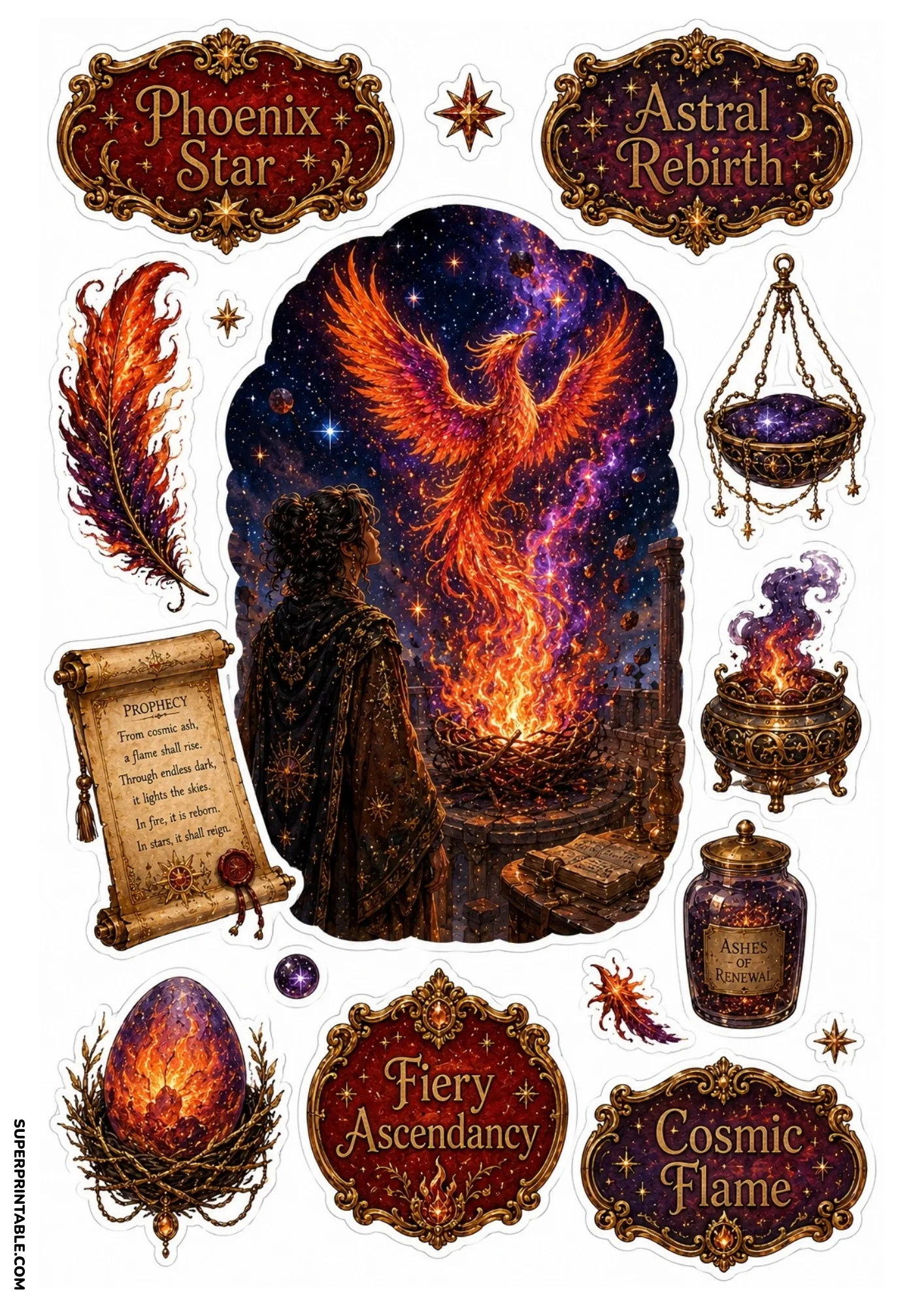 Fiery phoenix rising from flame brazier with prophecy scroll, phoenix feather, and ash jar stickers.