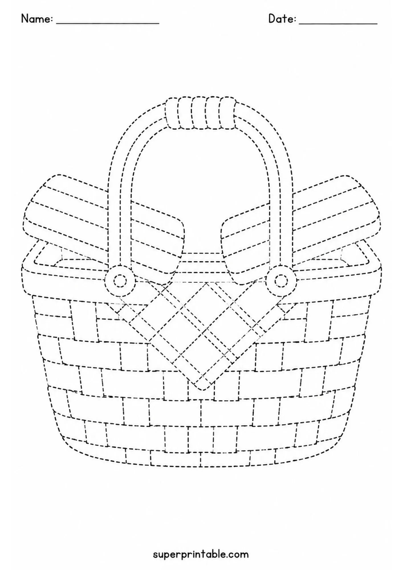 Picnic activity worksheets featuring a printable line tracing page of a woven basket.