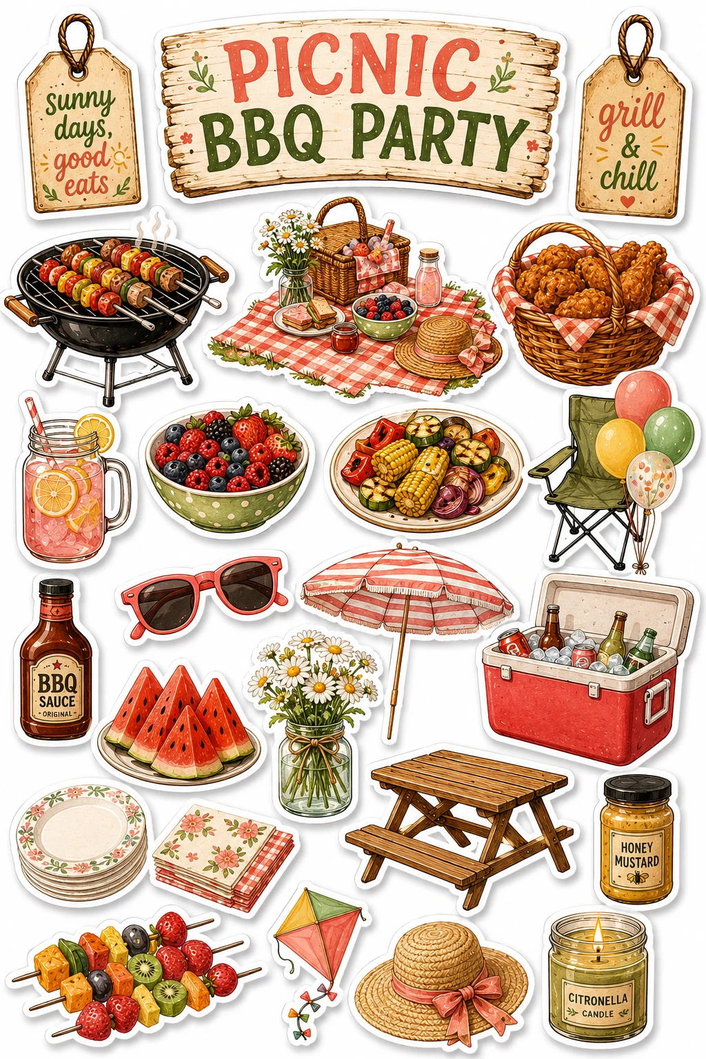 Picnic BBQ Party Table Lemonade Sheet featuring backyard BBQ, grill master equipment, smoked meats, and summer cookouts.
