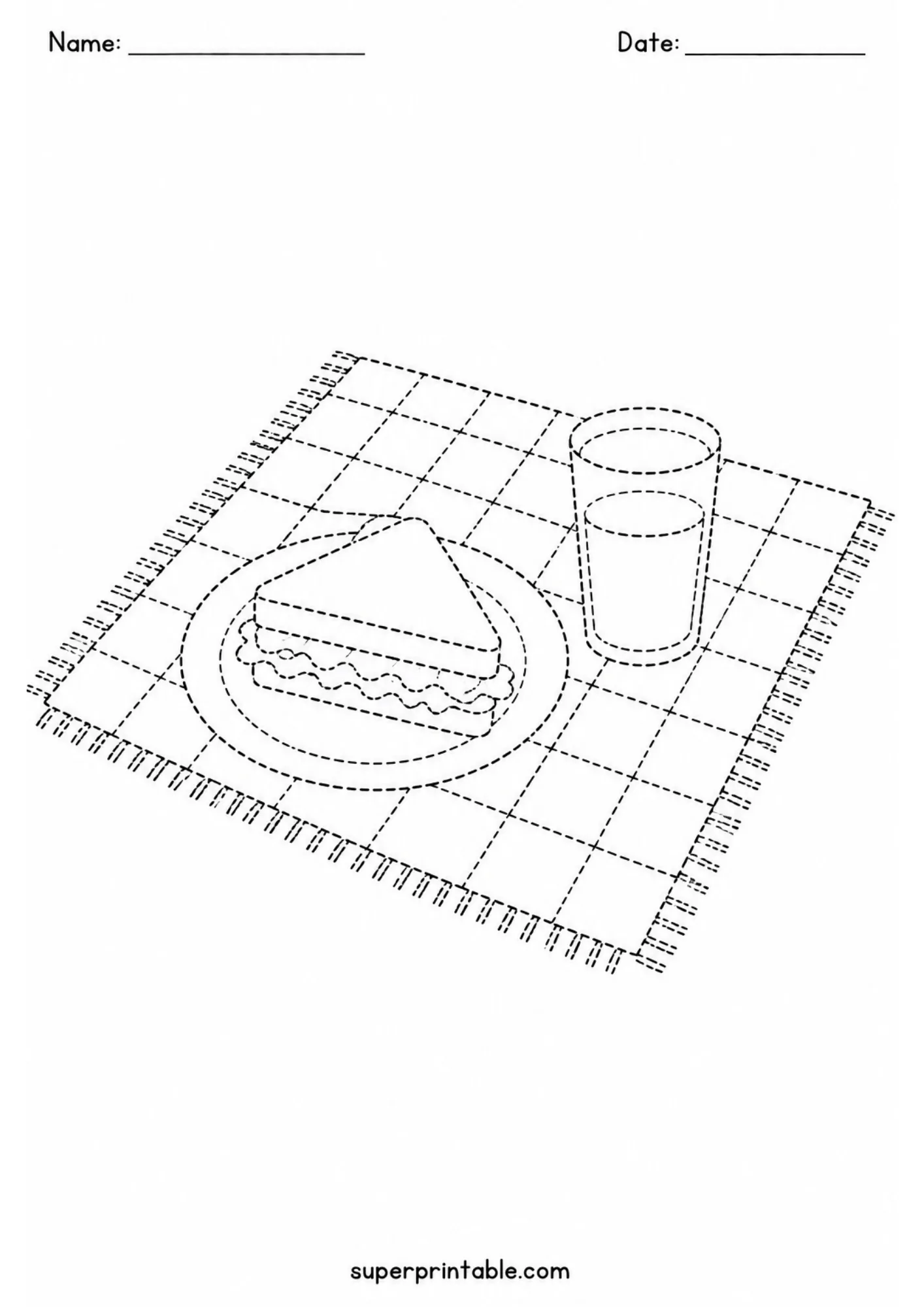 Tracing sheet displaying a plate with a sandwich and glass of drink on a picnic mat.
