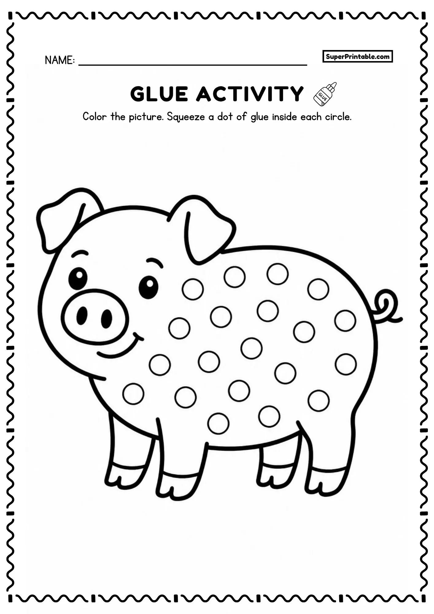 Dot glue farm worksheet featuring a round cartoon pig with curly tail and dot circles for toddlers