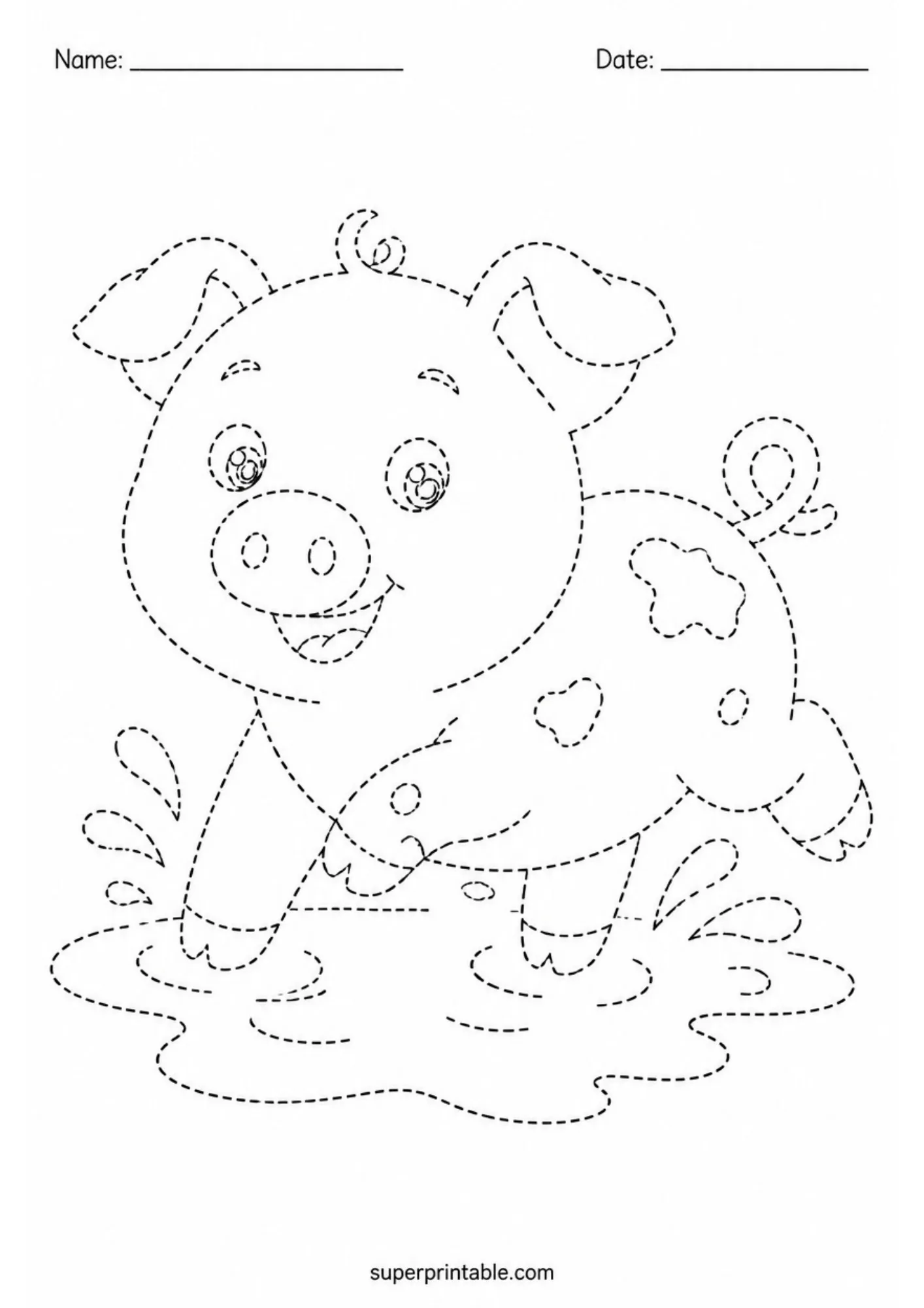 Dashed outline line tracing sheet showing a happy cartoon pig splashing around in a mud puddle.
