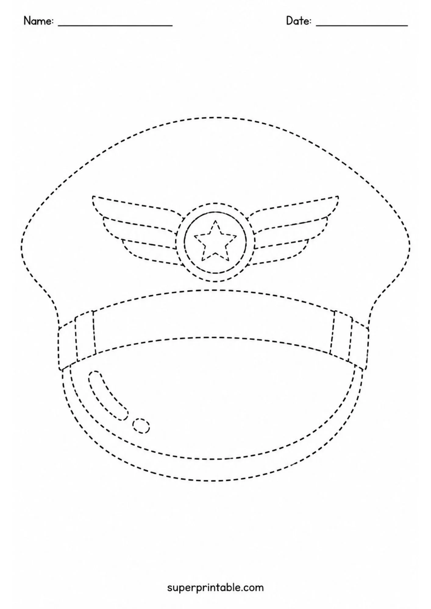 Pilot cap outline with winged star badge drawn in dashed lines for tracing.