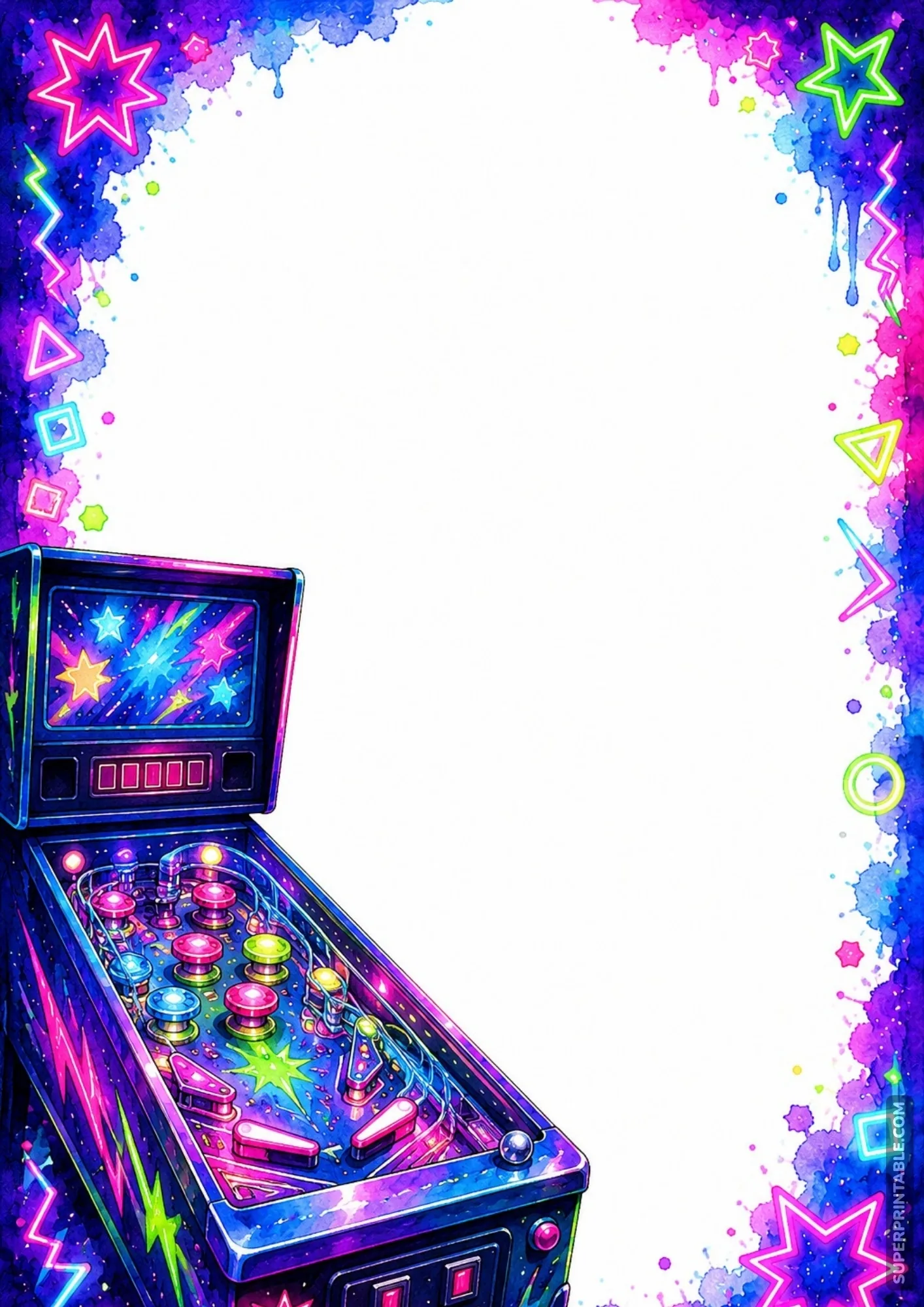 Vibrant pinball machine with illuminated bumpers and flippers forming a dynamic game page border.