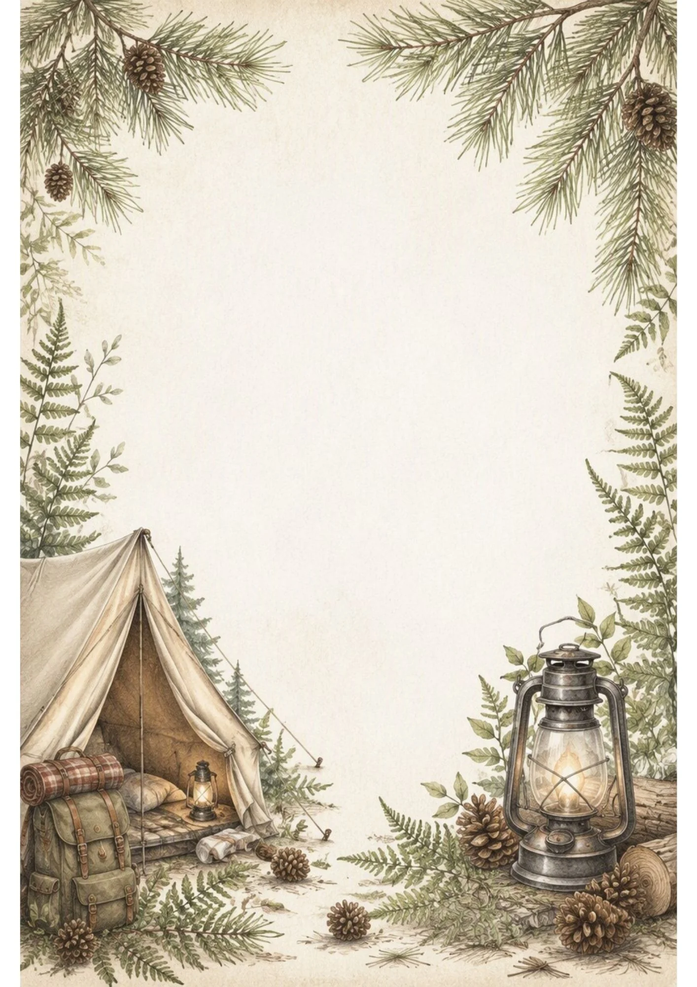 Watercolor border page with a panoramic row of pine trees and mushrooms along the bottom and soft clouds and ferns across the top