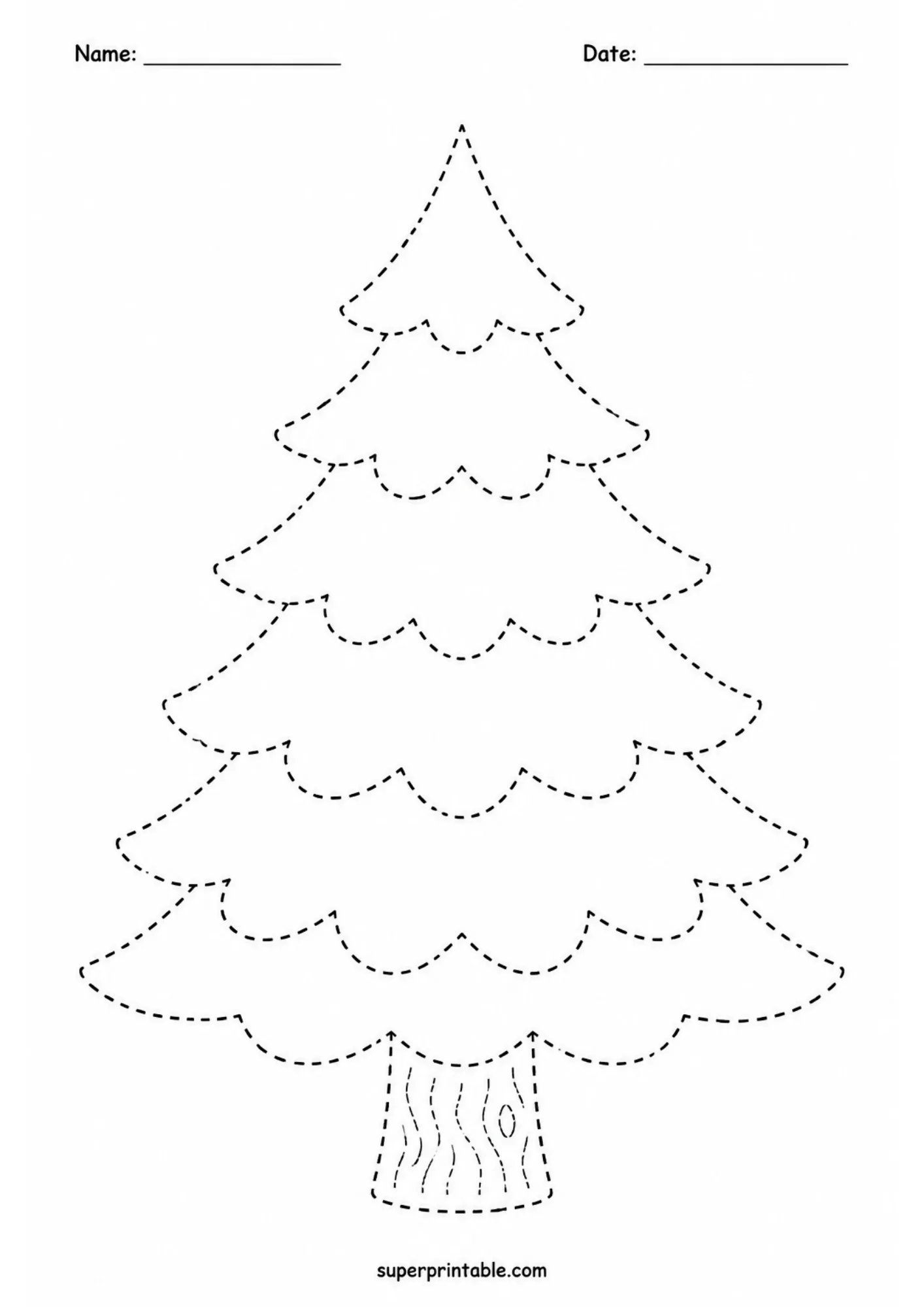 Evergreen pine tree tracing page with layered branches and a short textured trunk