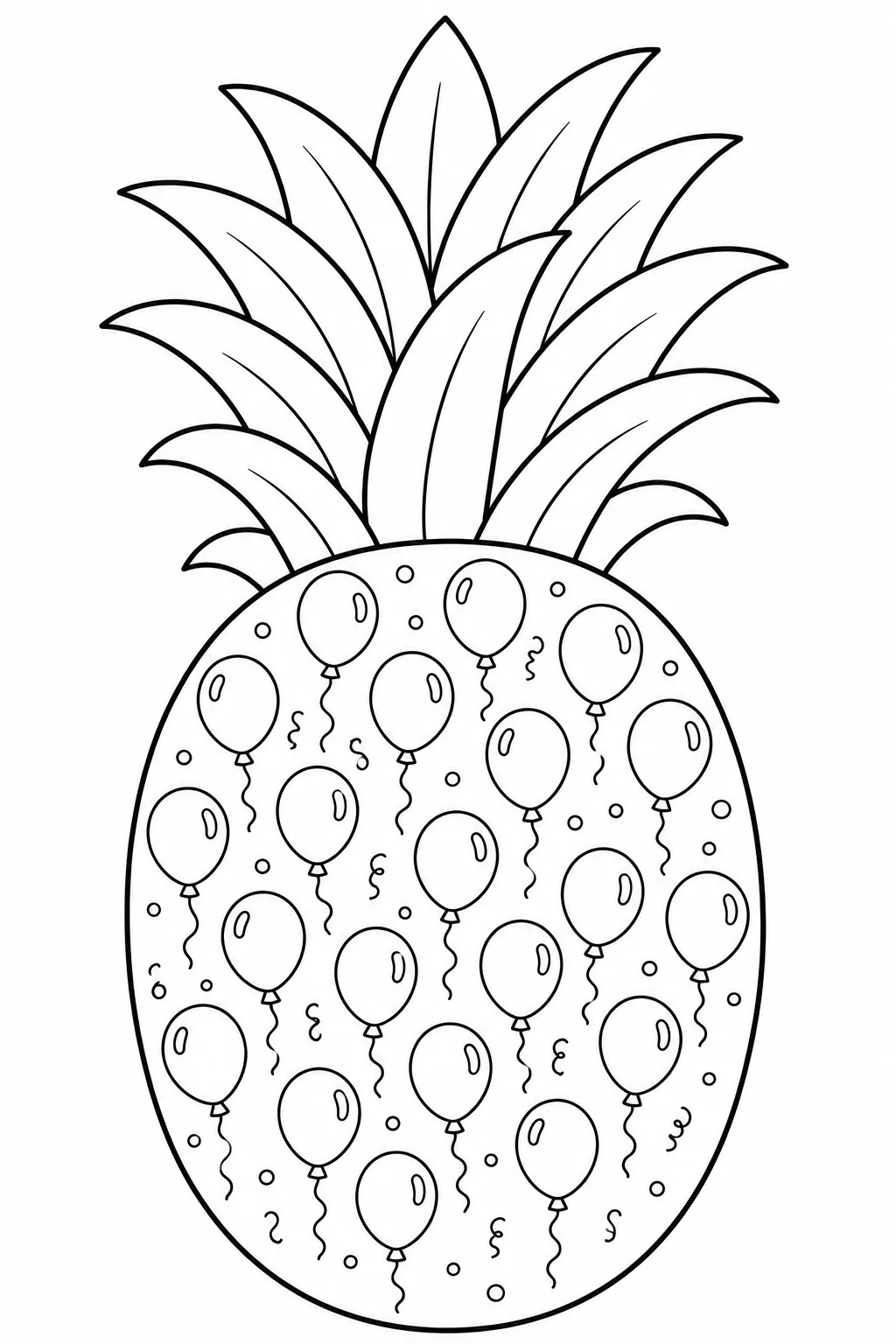 Pineapple filled with balloons and curly strings in a festive coloring page