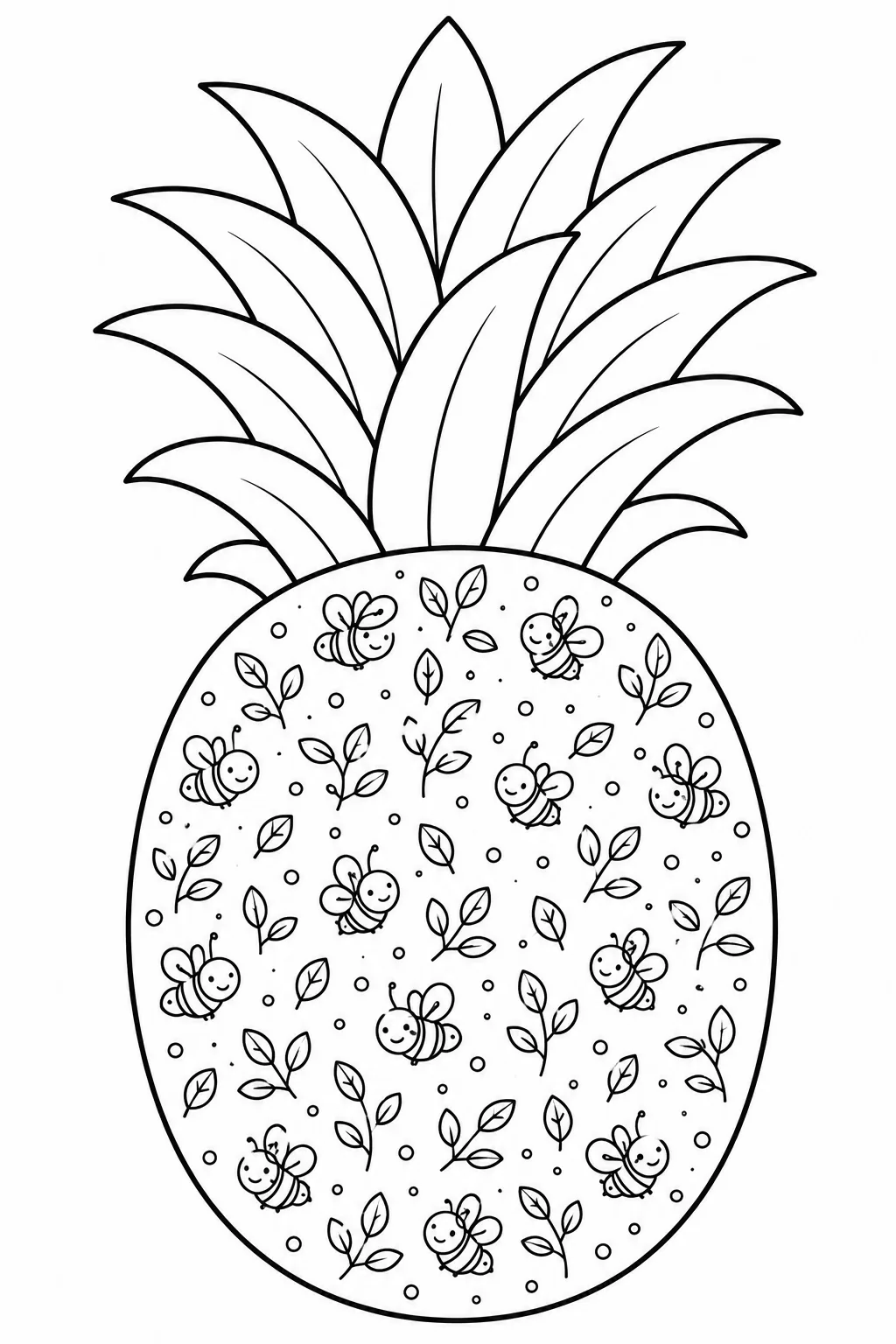 Pineapple with cute bees and leafy branches in a nature coloring design