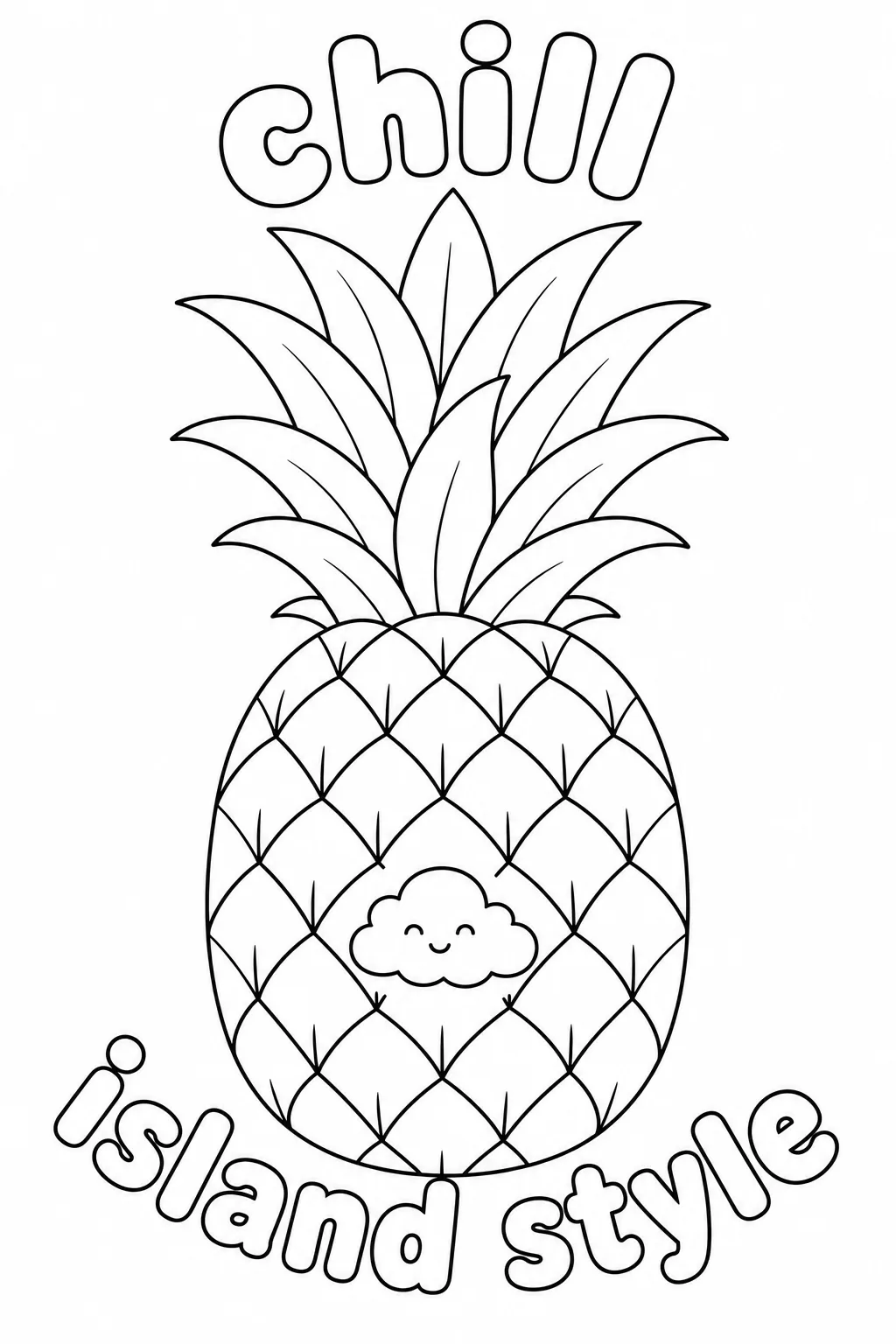 Relaxing pineapple coloring page with cloud symbol and island style phrase
