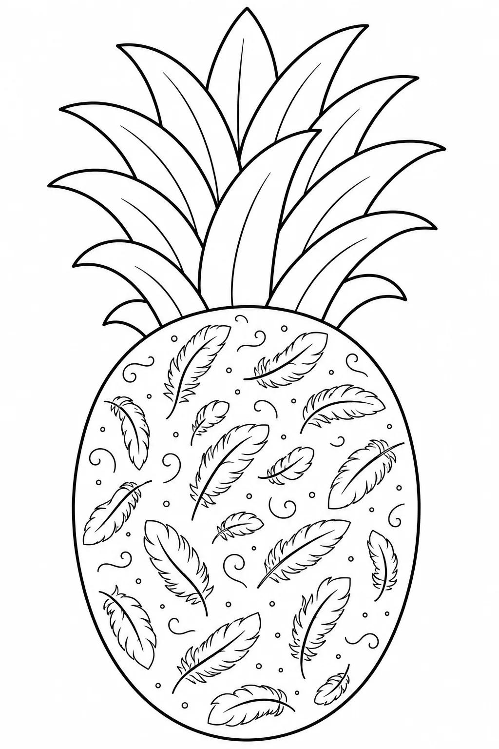 Pineapple filled with assorted feathers in a detailed printable coloring design