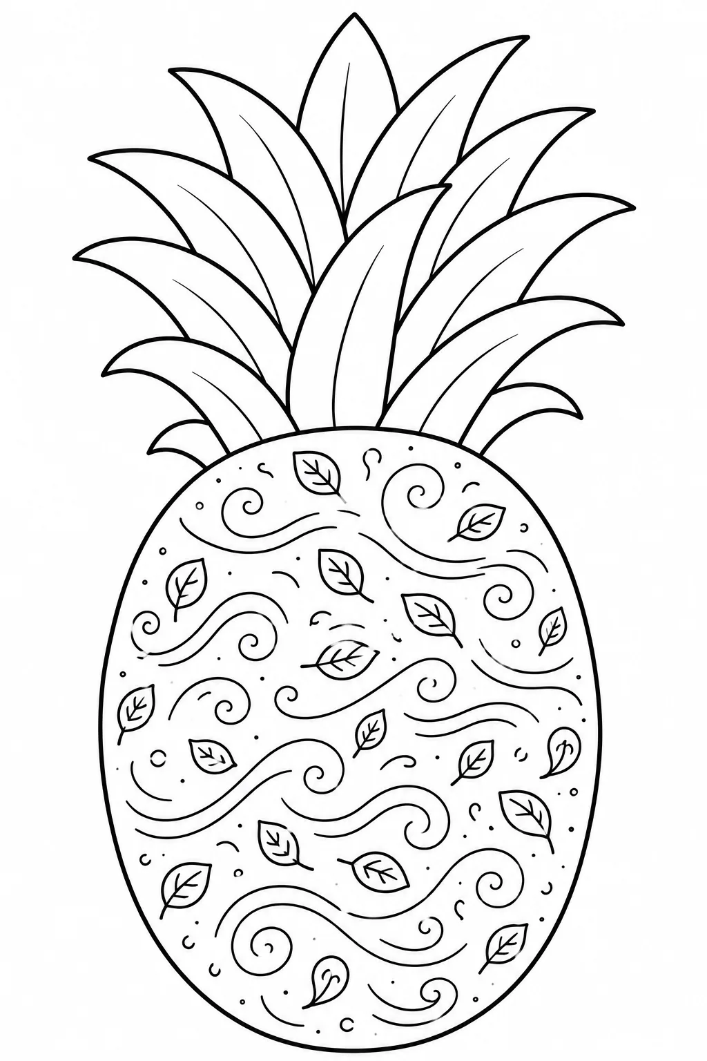 Pineapple decorated with feathers, curls, and small dots for coloring fun