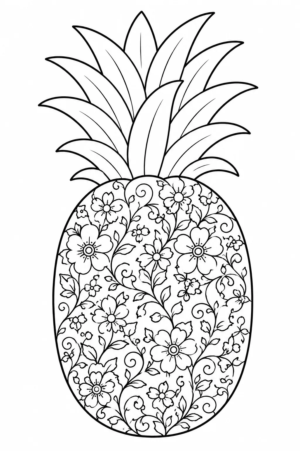 Pineapple filled with small flowers and botanical patterns for coloring