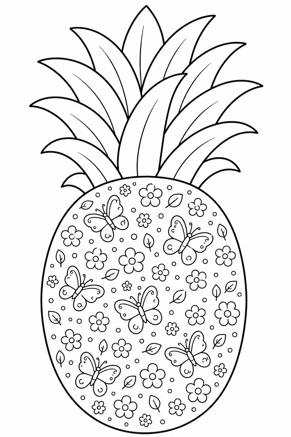 Pineapple filled with flowers, leaves, and small botanical details to color