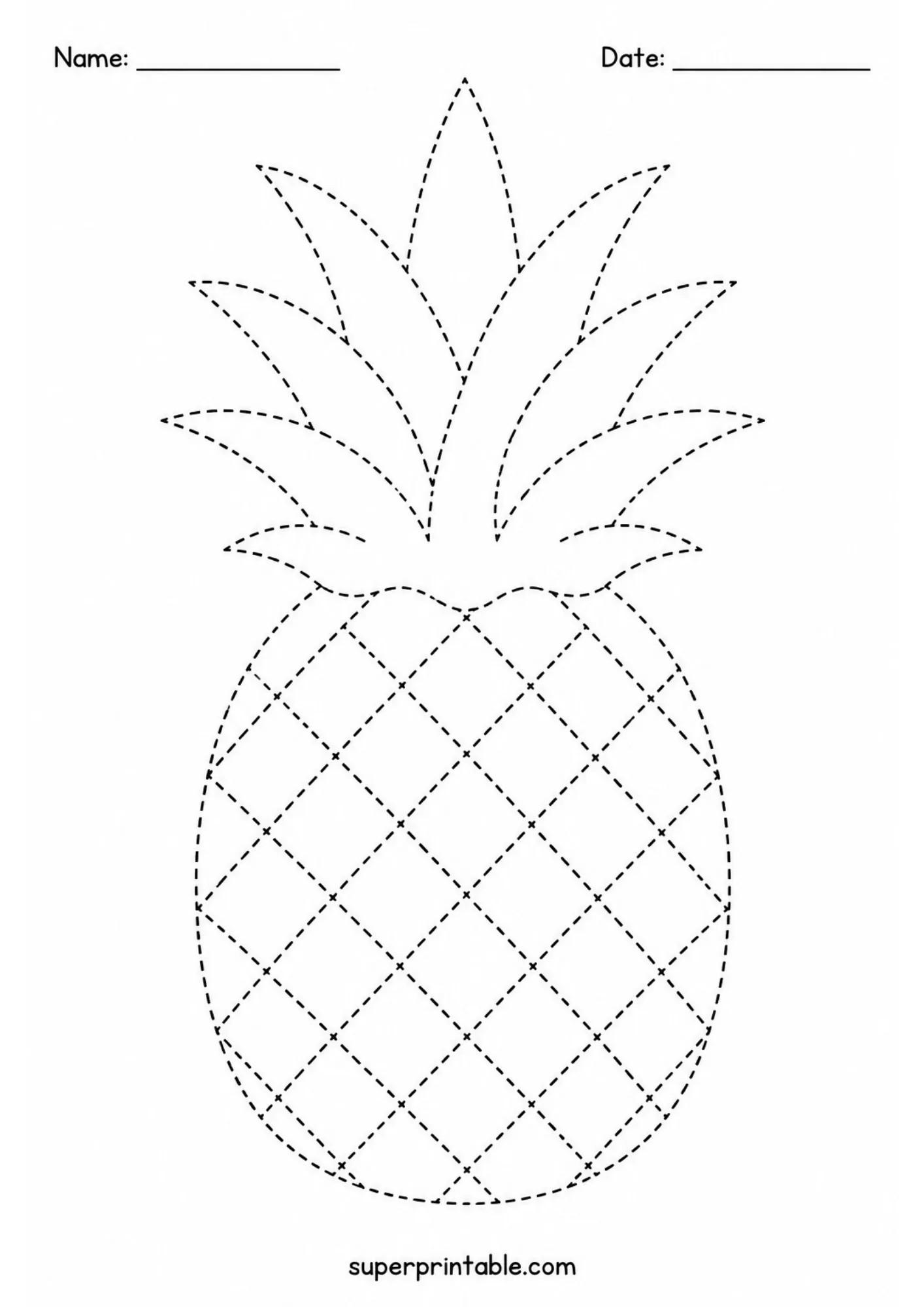 Dashed tracing worksheet showing a whole pineapple with spiky leaves.