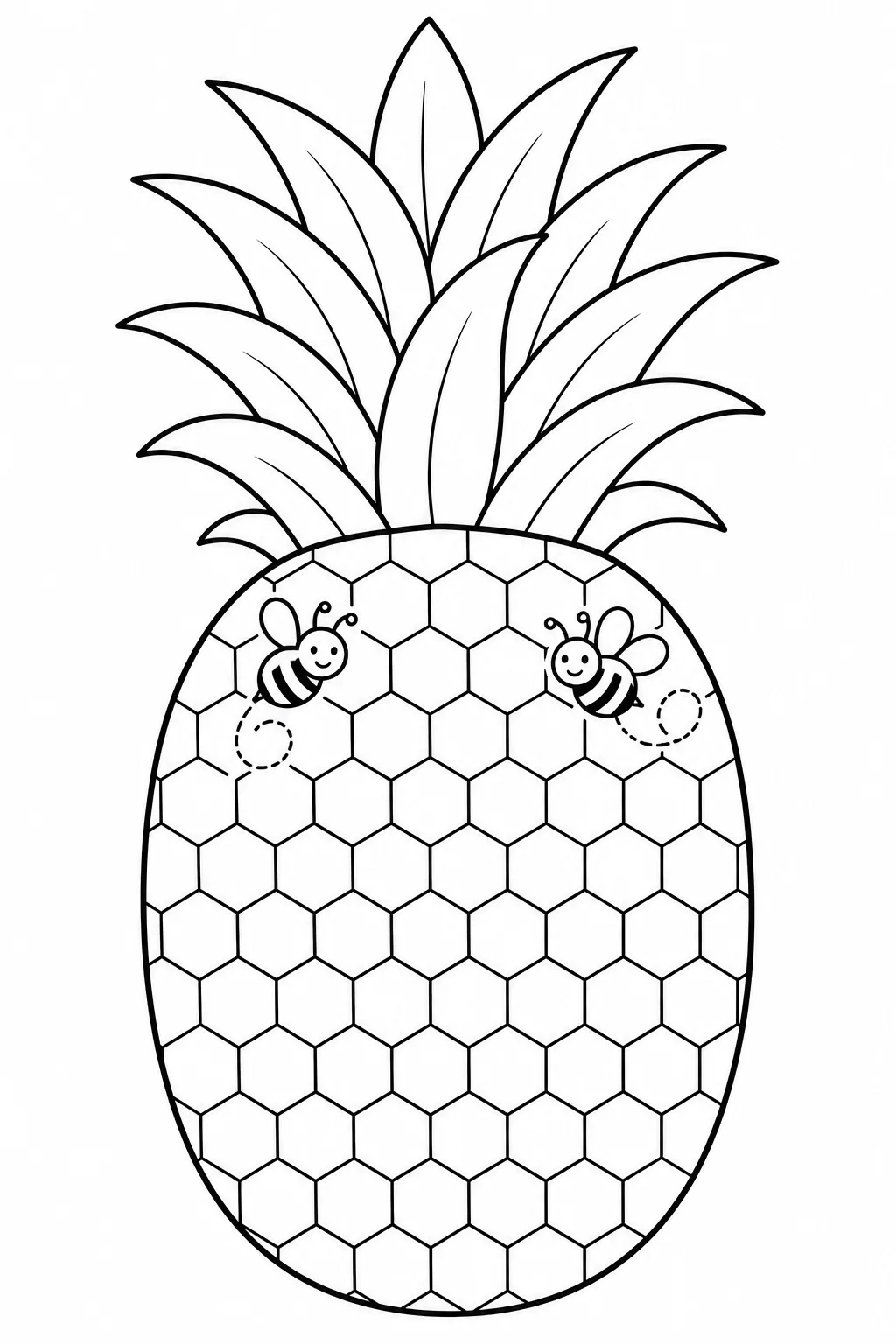Pineapple coloring page with repeating honeycomb pattern and leafy crown