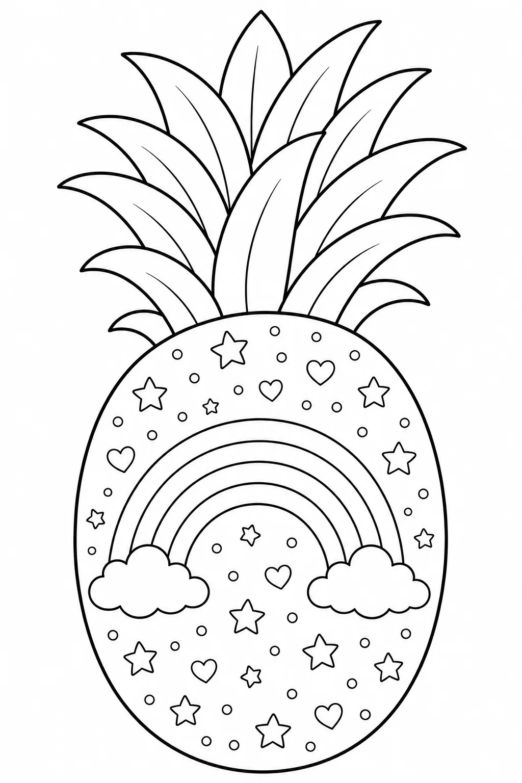 Pineapple with rainbow, clouds, hearts, and stars for cheerful coloring