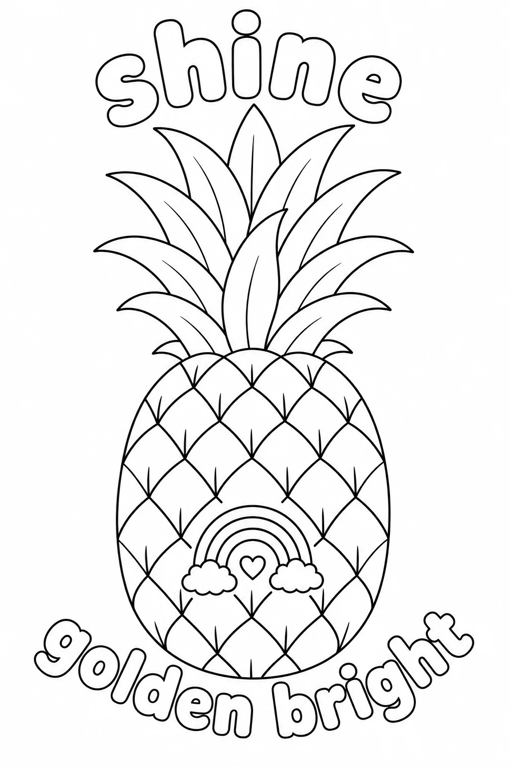 Pineapple coloring design with rainbow symbol and shine golden bright words