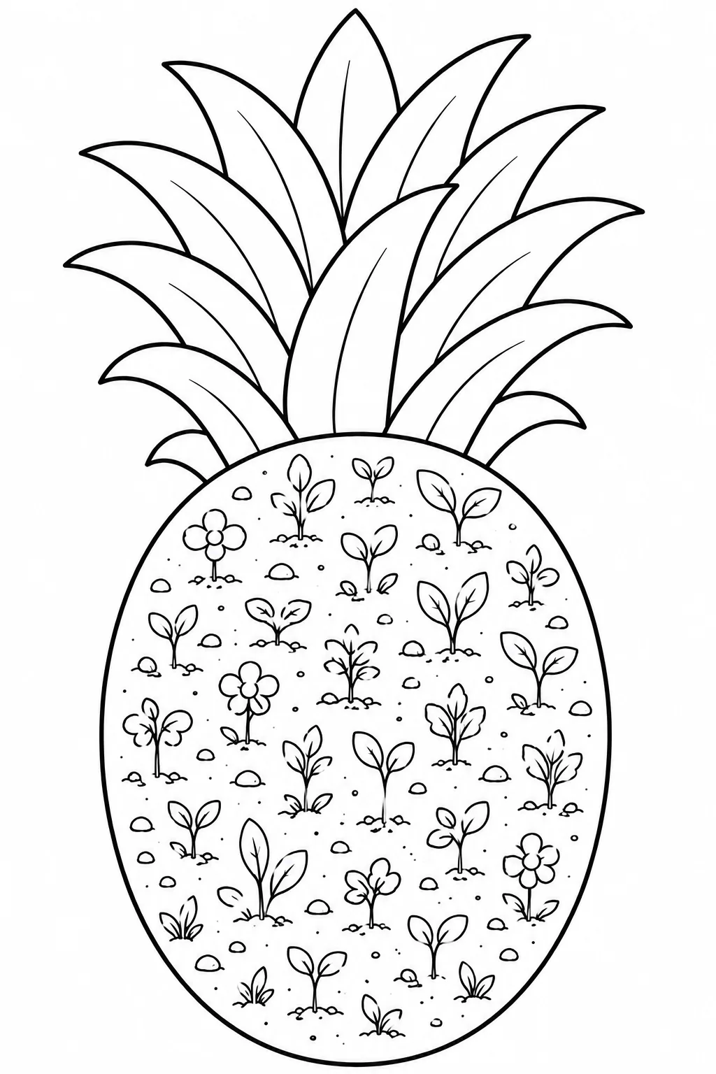 Pineapple filled with tiny sprouts, flowers, leaves, and garden details