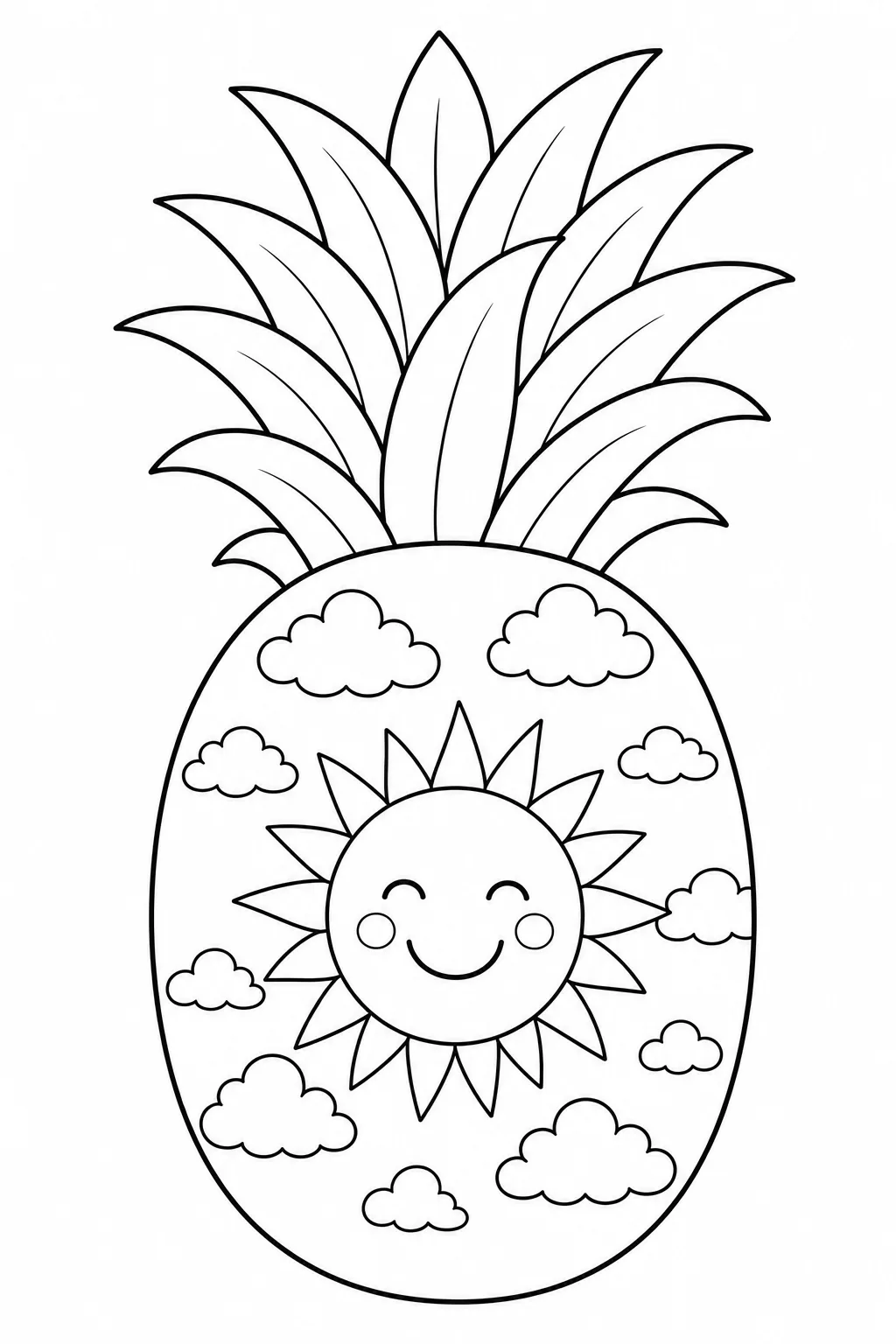 Pineapple coloring scene with smiling sun, clouds, rainbow, and stars