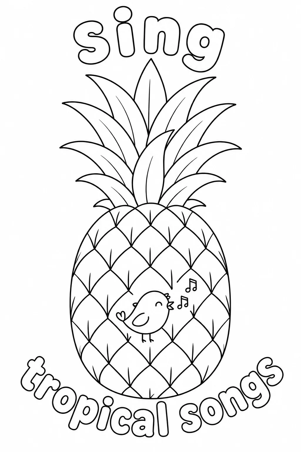 Tropical pineapple coloring page with musical symbol and playful lettering