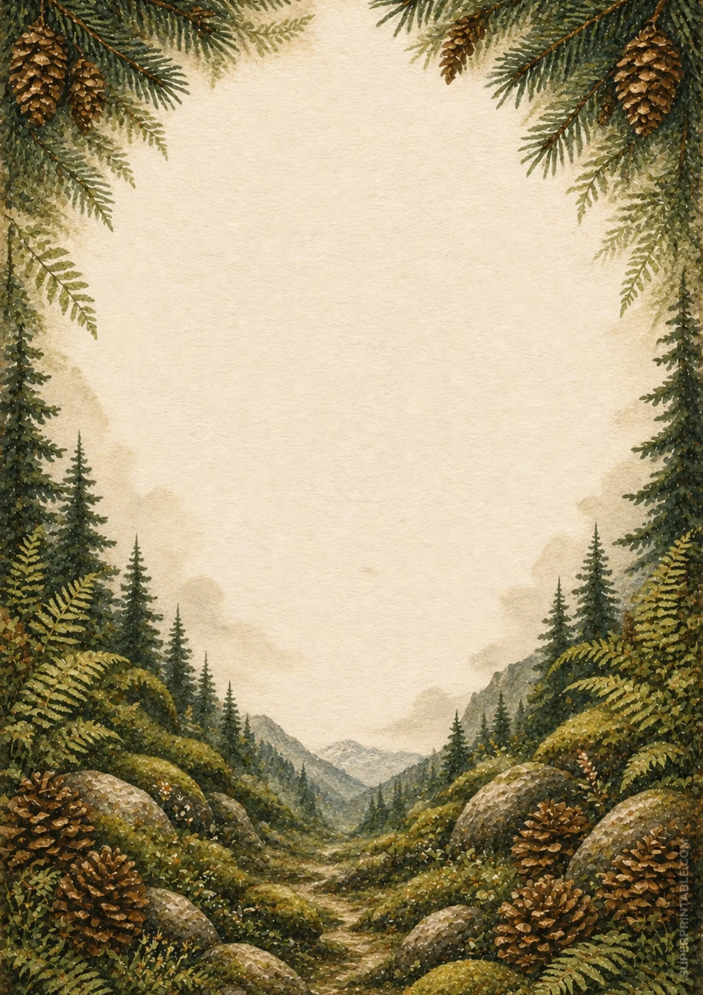 Detailed watercolor page border decorated with pinecones, green ferns, and mossy wilderness rocks.