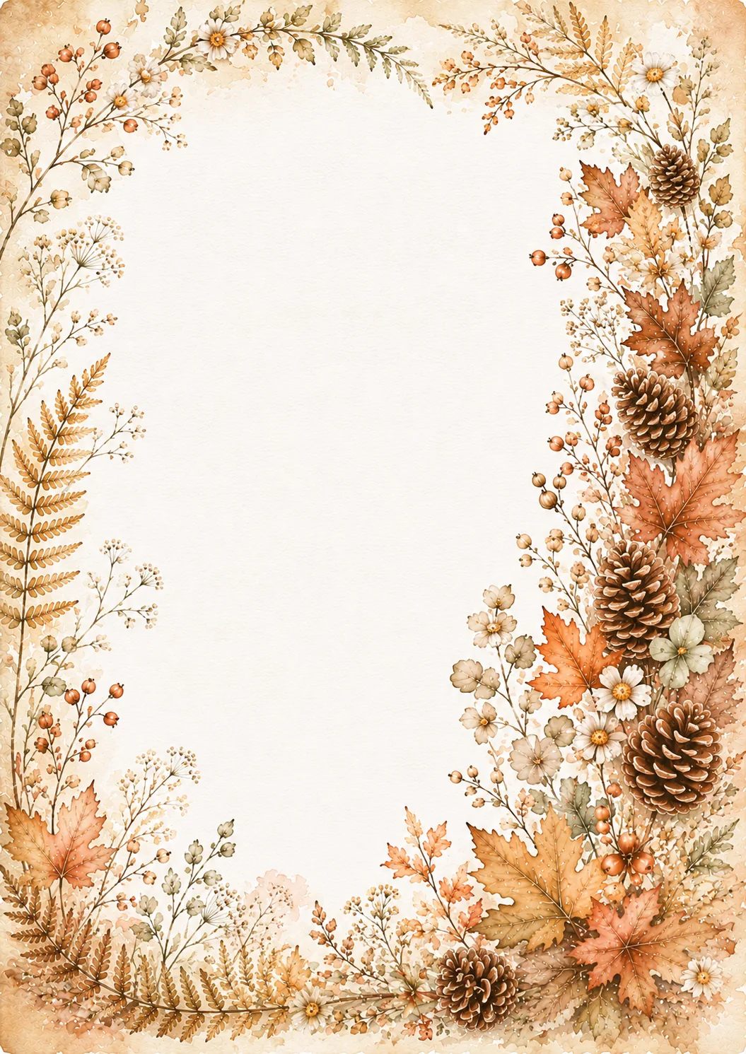 Elegant fall botanical frame with pinecones, maple leaves, cream flowers, berries, and delicate foliage