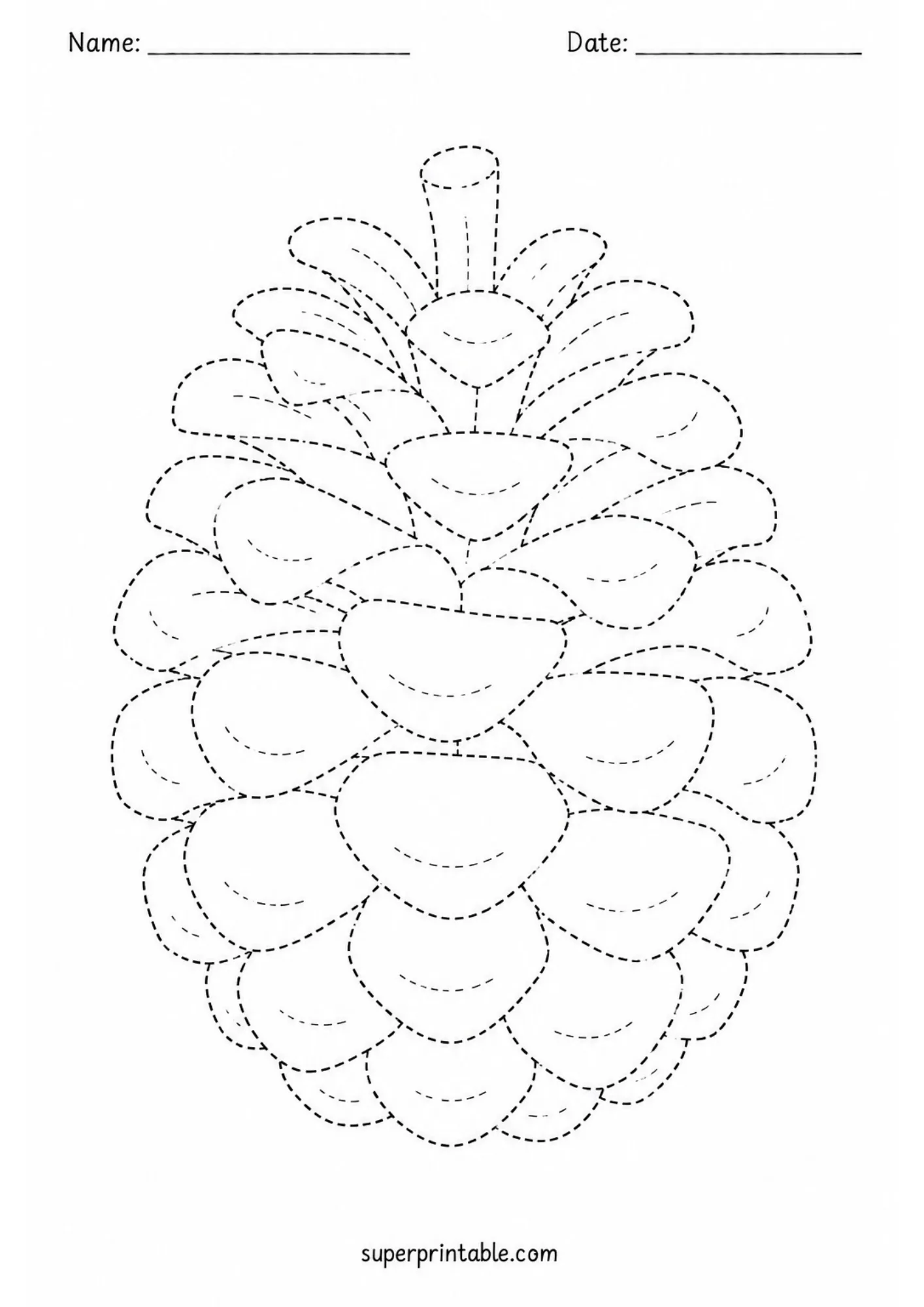 Detailed nature tracing page illustrating a layered pinecone structure for pencil control skills.