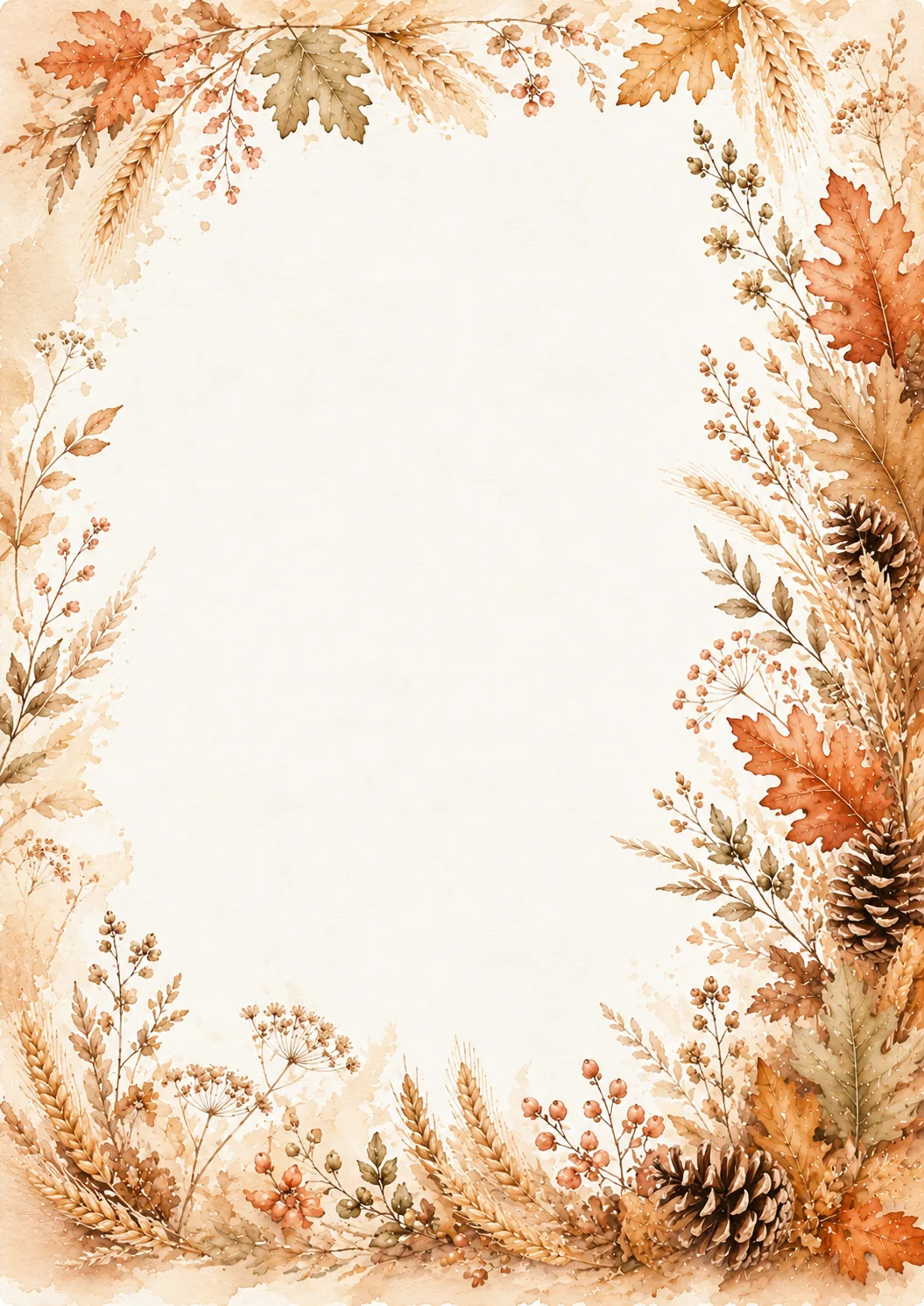 Delicate autumn frame with pinecones, golden wheat, orange leaves, berries, and dried botanicals