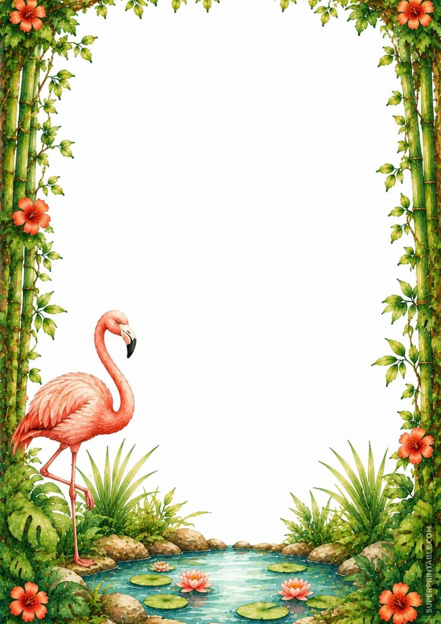 Graceful pink flamingo standing near a lily pad pond inside a bamboo stalk and tropical leaf frame.